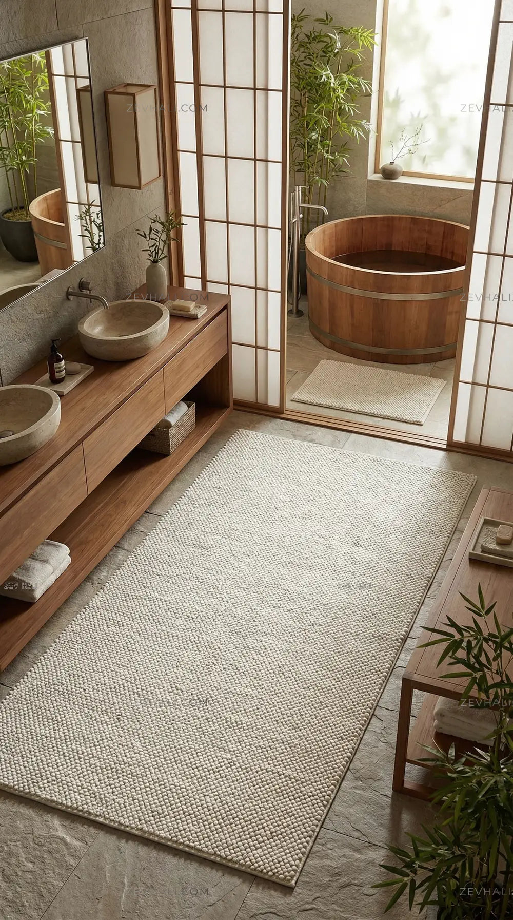 Zev Halı Kuak Ekru Yıkanabilir Kaymaz Peluş Banyo Yolluk Halı KU04 Özel Ölçü | Banyo Halısı | Zev Halı