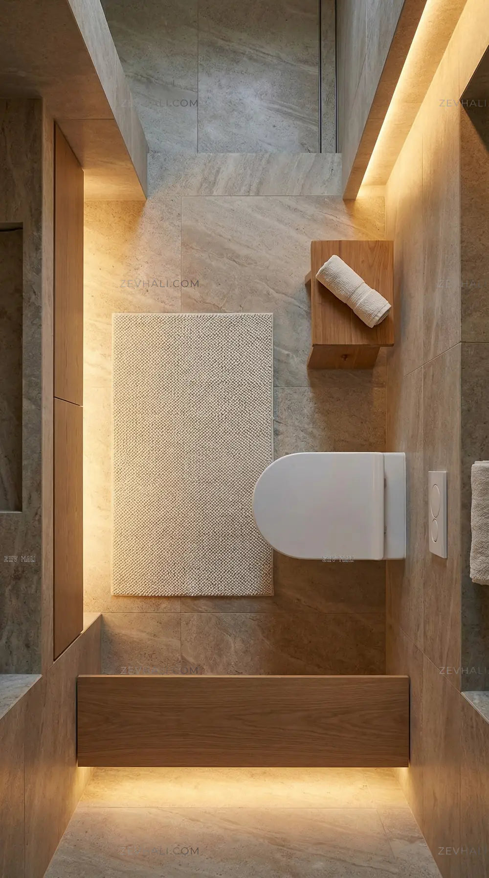 Zev Halı Kuak Ekru Yıkanabilir Kaymaz Peluş Banyo Yolluk Halı KU04 Özel Ölçü | Banyo Halısı | Zev Halı