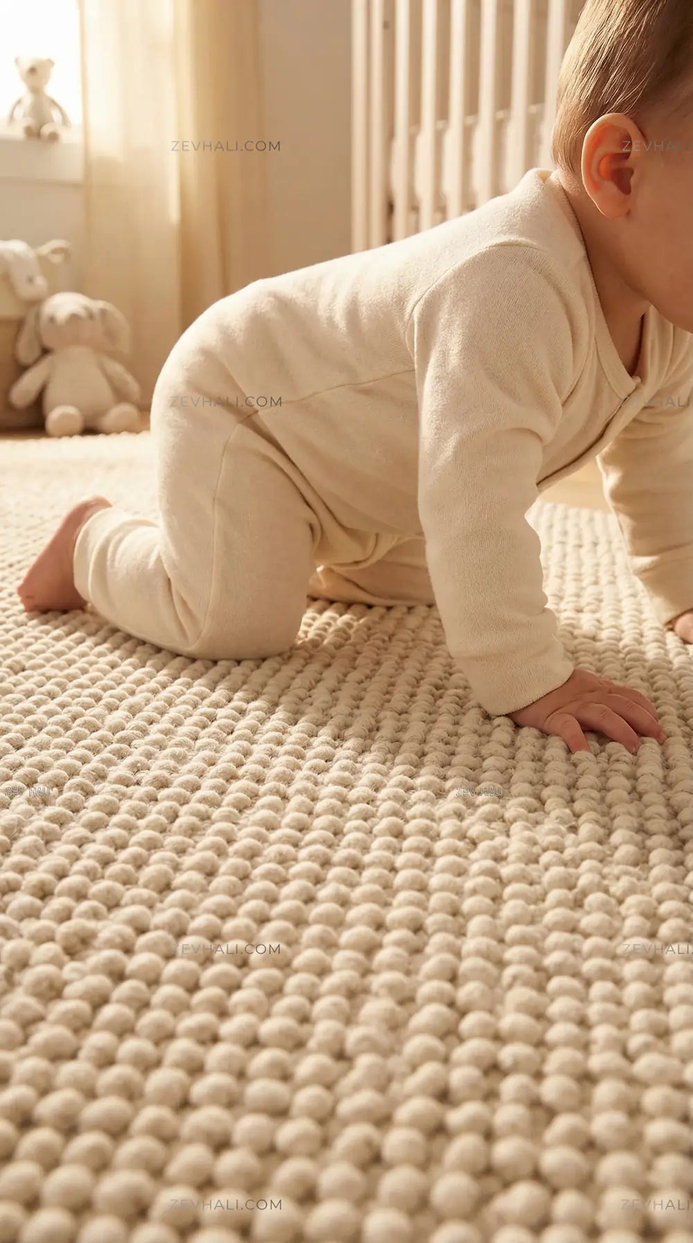 Zev Halı Kuak Ekru Yıkanabilir Kaymaz Peluş Banyo Yolluk Halı KU04 Özel Ölçü | Banyo Halısı | Zev Halı