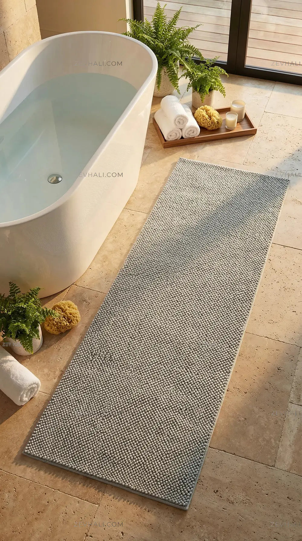 Zev Halı Kuak Gri Yıkanabilir Kaymaz Peluş Banyo Yolluk Halı KU05 Özel Ölçü | Banyo Halısı | Zev Halı