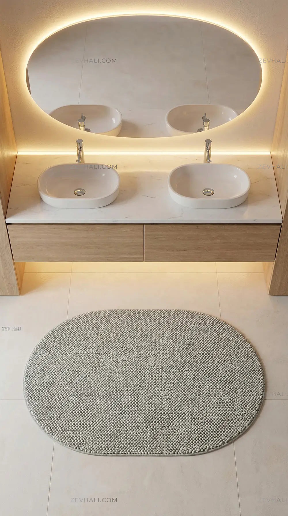 Zev Halı Kuak Gri Yıkanabilir Kaymaz Peluş Banyo Yolluk Halı KU05 Özel Ölçü | Banyo Halısı | Zev Halı