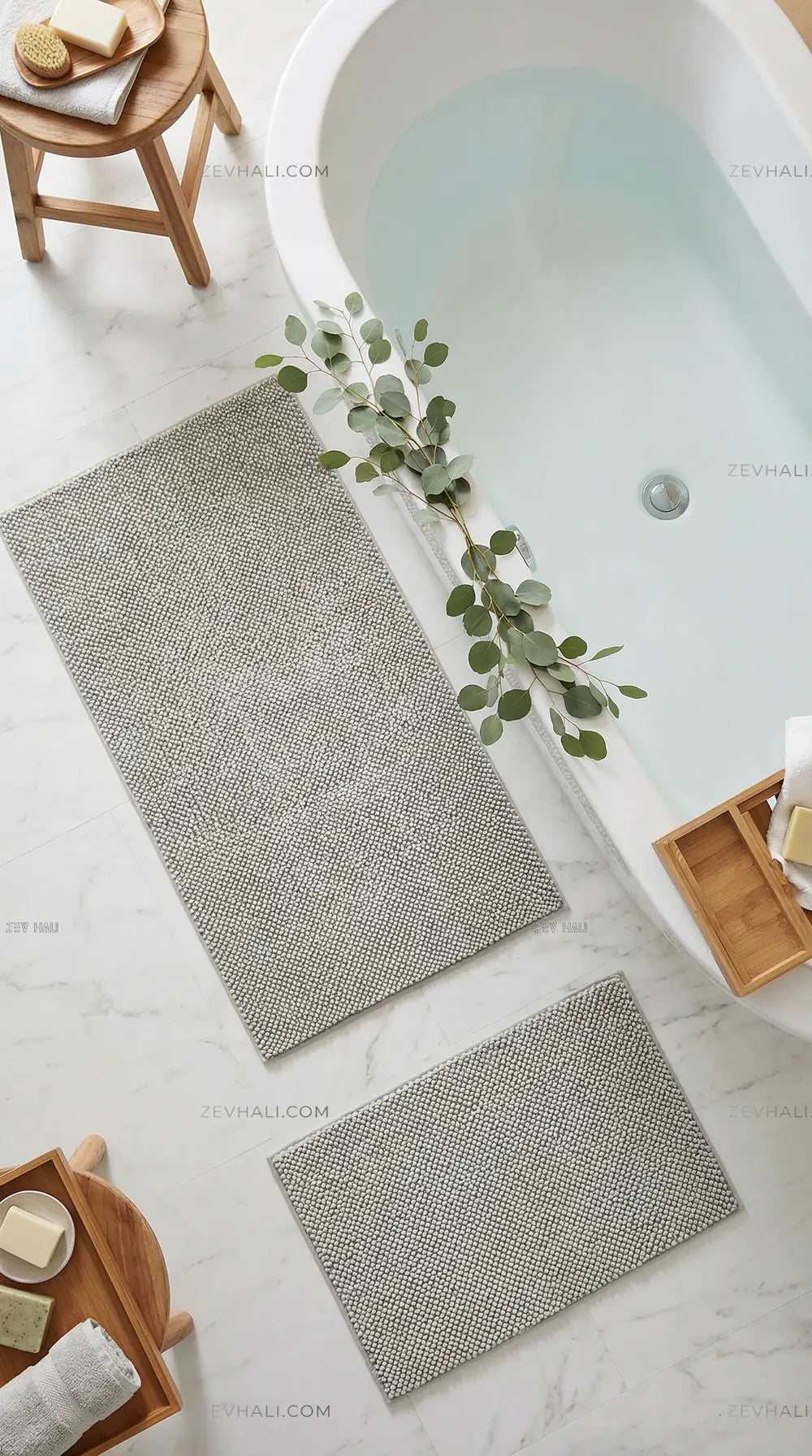 Zev Halı Kuak Gri Yıkanabilir Kaymaz Peluş Banyo Yolluk Halı KU05 Özel Ölçü | Banyo Halısı | Zev Halı