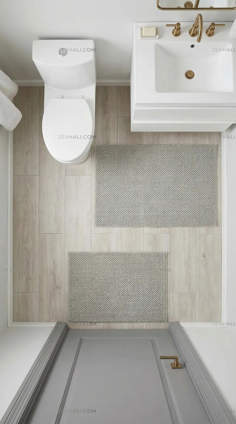 Zev Halı Kuak Gri Yıkanabilir Kaymaz Peluş Banyo Yolluk Halı KU05 Özel Ölçü | Banyo Halısı | Zev Halı