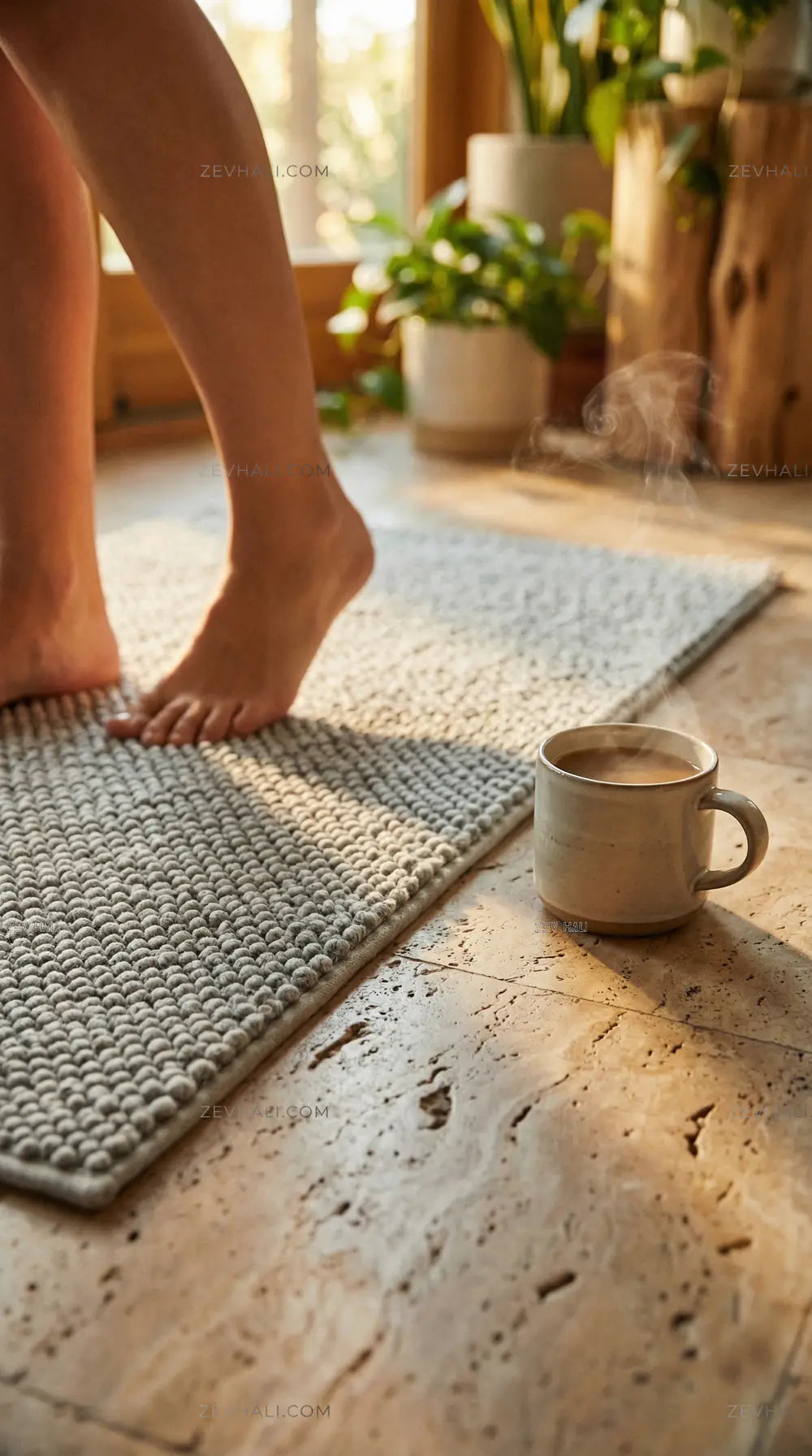 Zev Halı Kuak Gri Yıkanabilir Kaymaz Peluş Banyo Yolluk Halı KU05 Özel Ölçü | Banyo Halısı | Zev Halı