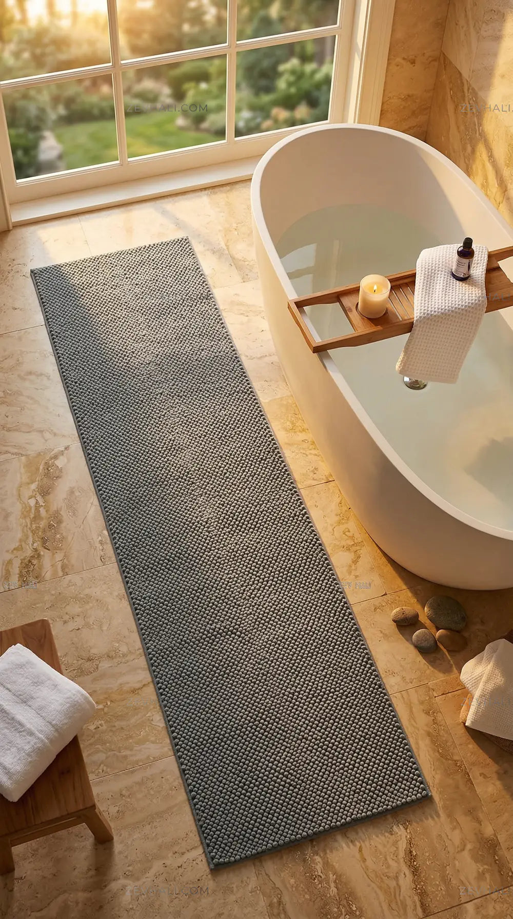 Zev Halı Kuak Antrasit Yıkanabilir Kaymaz Banyo Yolluk Halı KU06 Özel Ölçü | Banyo Halısı | Zev Halı