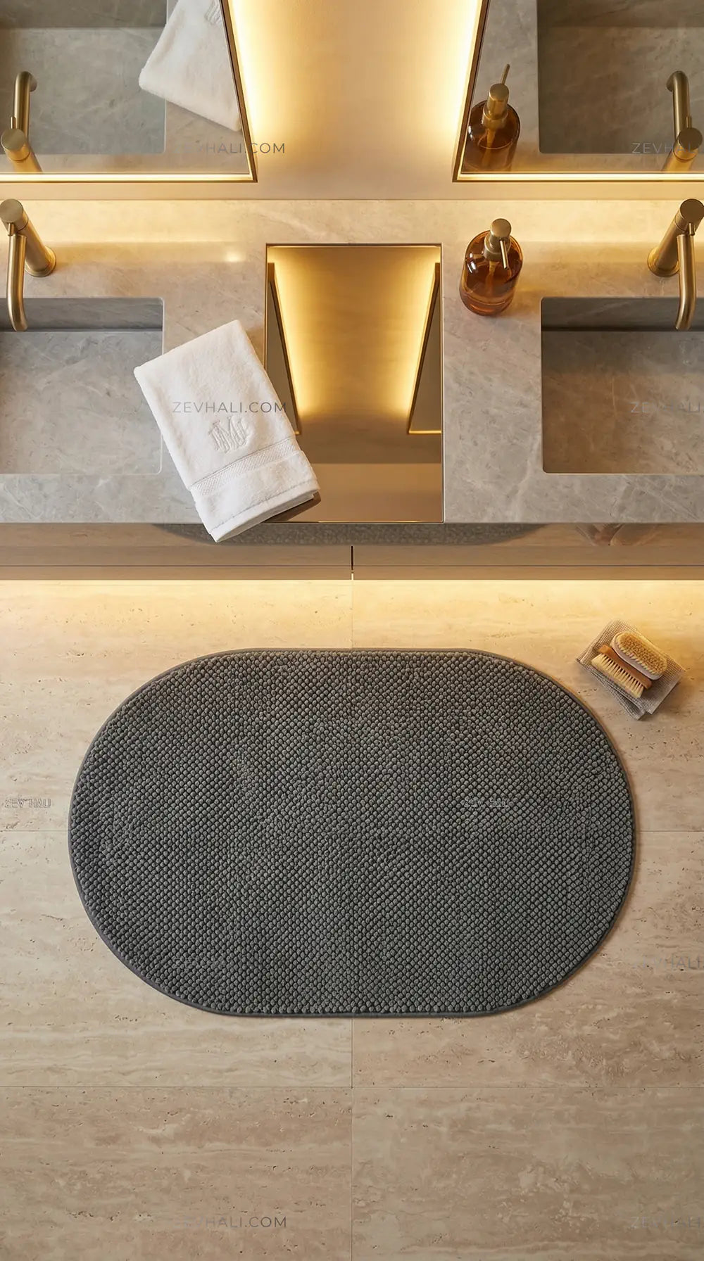 Zev Halı Kuak Antrasit Yıkanabilir Kaymaz Banyo Yolluk Halı KU06 Özel Ölçü | Banyo Halısı | Zev Halı