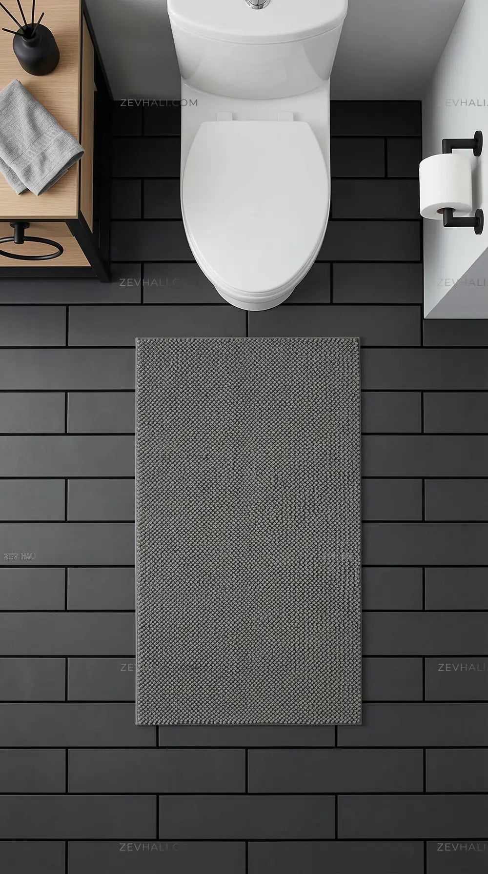 Zev Halı Kuak Antrasit Yıkanabilir Kaymaz Banyo Yolluk Halı KU06 Özel Ölçü | Banyo Halısı | Zev Halı