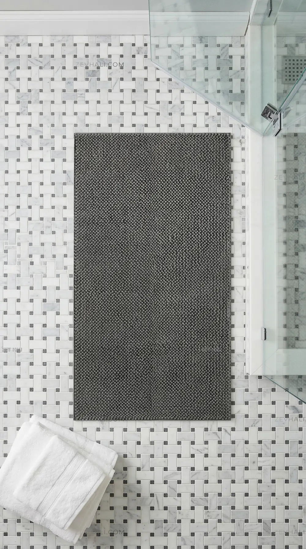 Zev Halı Kuak Antrasit Yıkanabilir Kaymaz Banyo Yolluk Halı KU06 Özel Ölçü | Banyo Halısı | Zev Halı