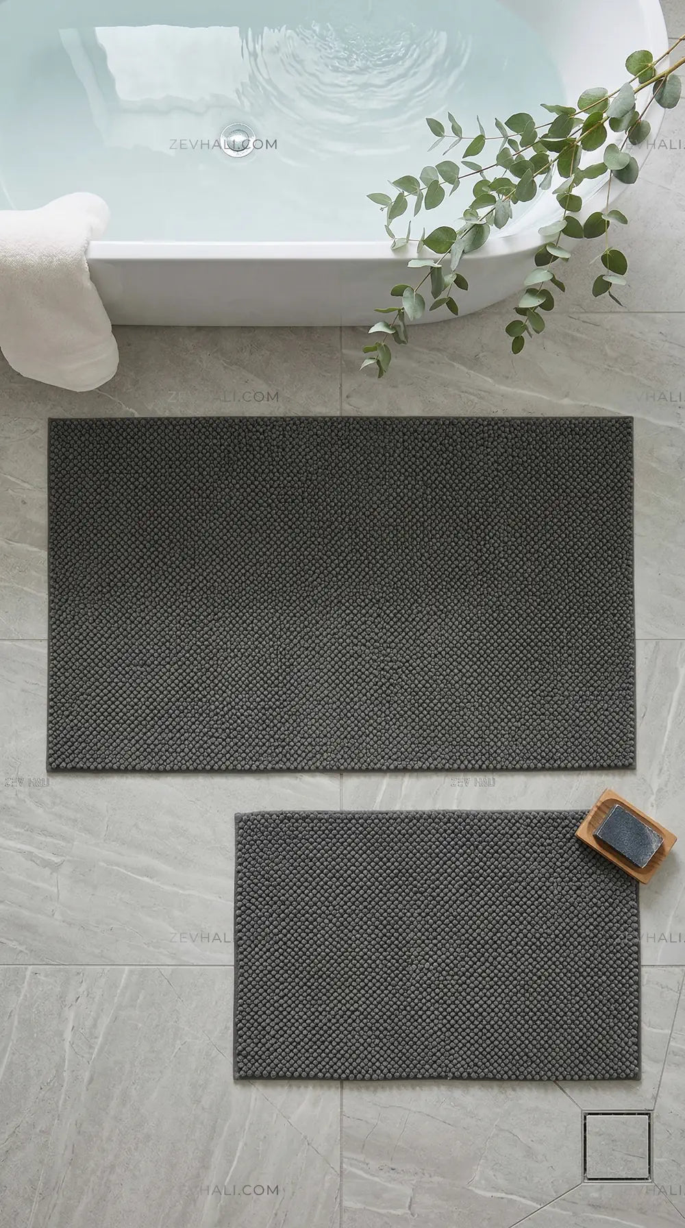 Zev Halı Kuak Antrasit Yıkanabilir Kaymaz Banyo Yolluk Halı KU06 Özel Ölçü | Banyo Halısı | Zev Halı