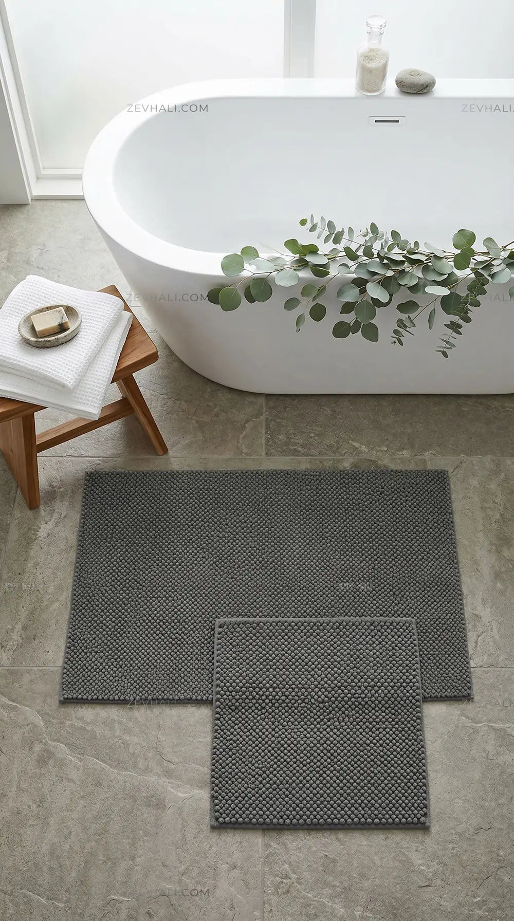 Zev Halı Kuak Antrasit Yıkanabilir Kaymaz Banyo Yolluk Halı KU06 Özel Ölçü | Banyo Halısı | Zev Halı