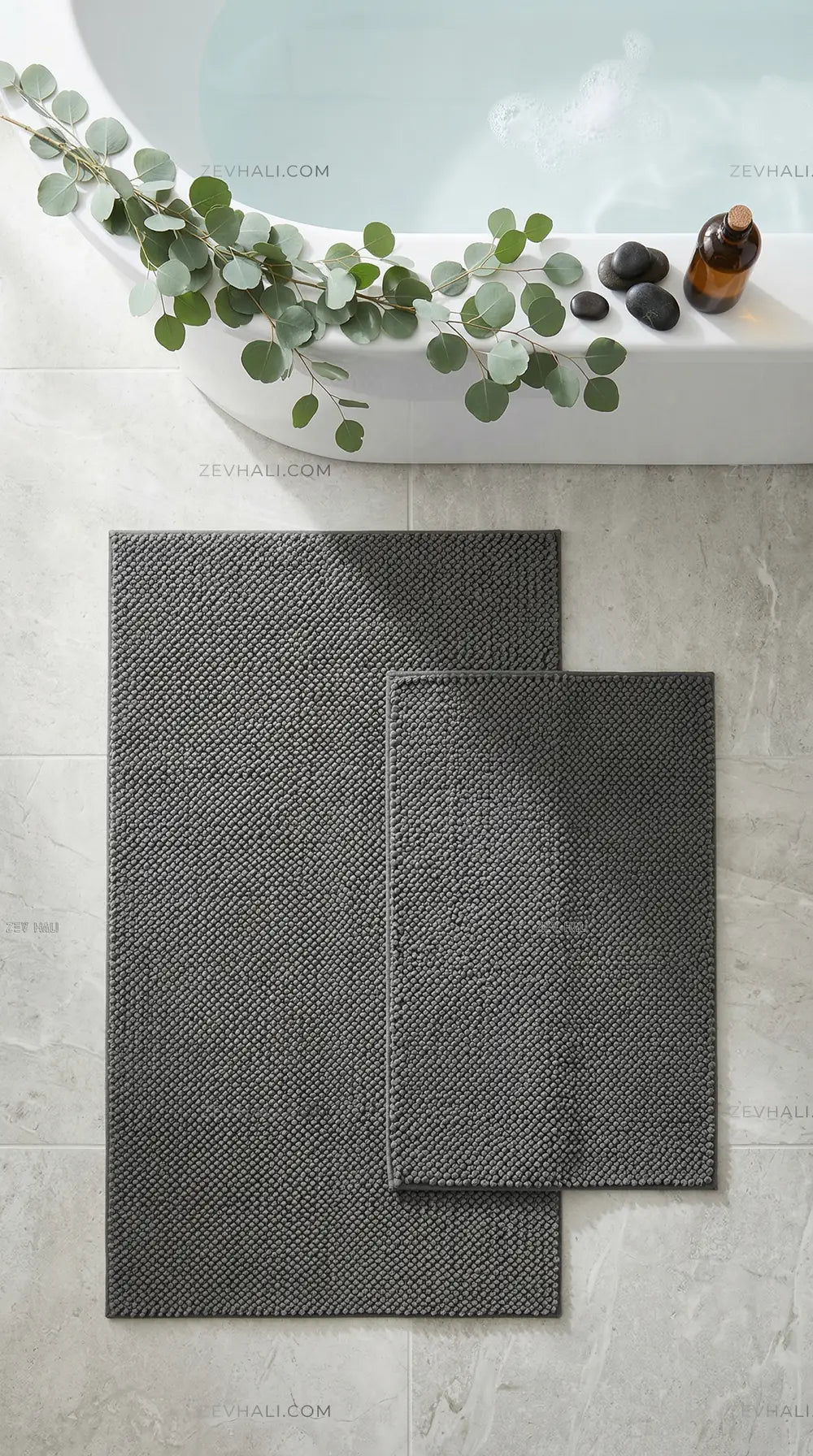 Zev Halı Kuak Antrasit Yıkanabilir Kaymaz Banyo Yolluk Halı KU06 Özel Ölçü | Banyo Halısı | Zev Halı