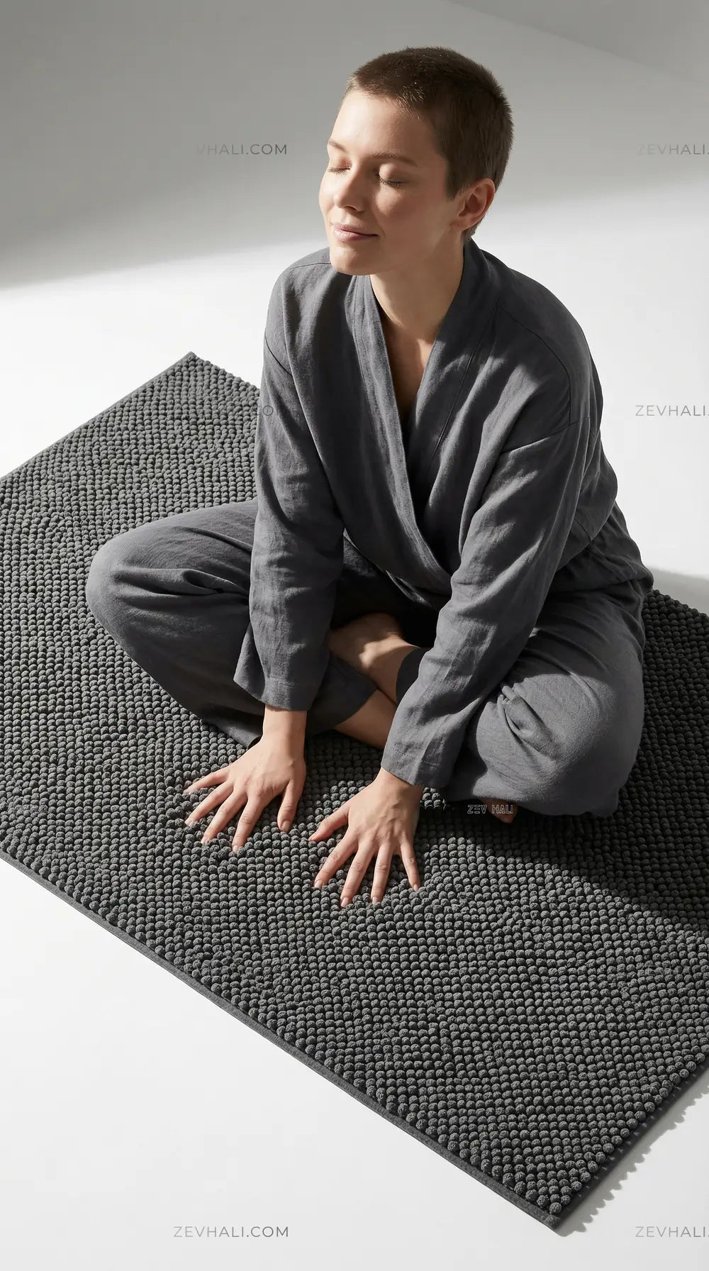 Zev Halı Kuak Antrasit Yıkanabilir Kaymaz Banyo Yolluk Halı KU06 Özel Ölçü | Banyo Halısı | Zev Halı