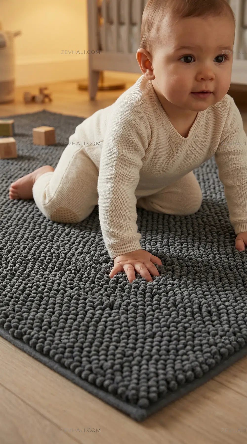 Zev Halı Kuak Antrasit Yıkanabilir Kaymaz Banyo Yolluk Halı KU06 Özel Ölçü | Banyo Halısı | Zev Halı