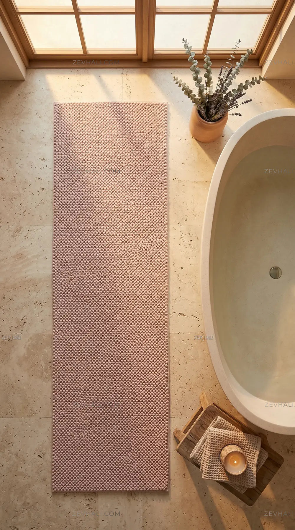 Zev Halı Kuak Pembe Yıkanabilir Kaymaz Banyo Yolluk Halı KU07 Özel Ölçü | Banyo Halısı | Zev Halı