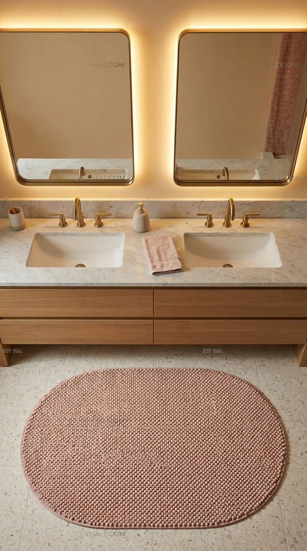 Zev Halı Kuak Pembe Yıkanabilir Kaymaz Banyo Yolluk Halı KU07 Özel Ölçü | Banyo Halısı | Zev Halı