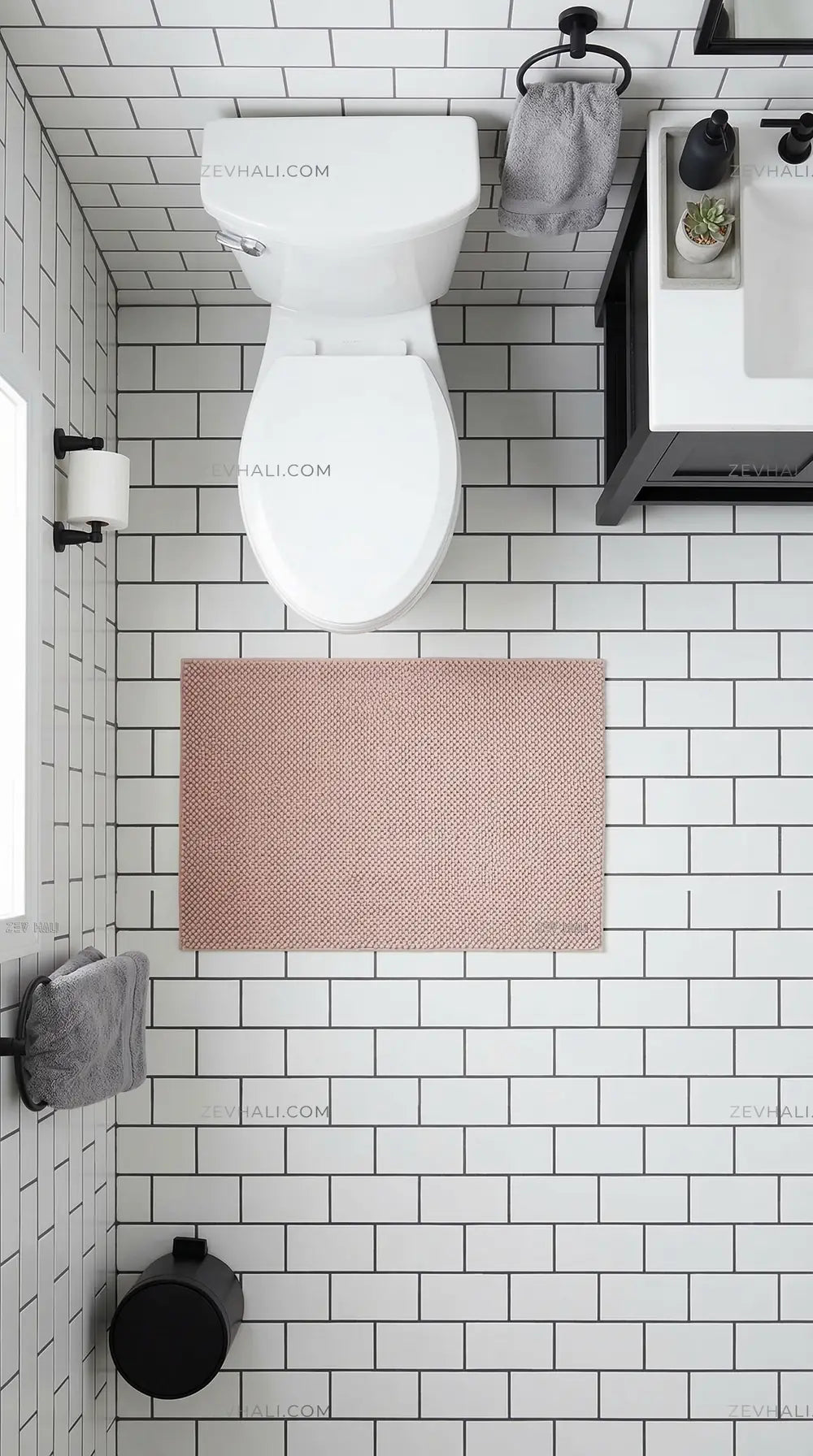 Zev Halı Kuak Pembe Yıkanabilir Kaymaz Banyo Yolluk Halı KU07 Özel Ölçü | Banyo Halısı | Zev Halı