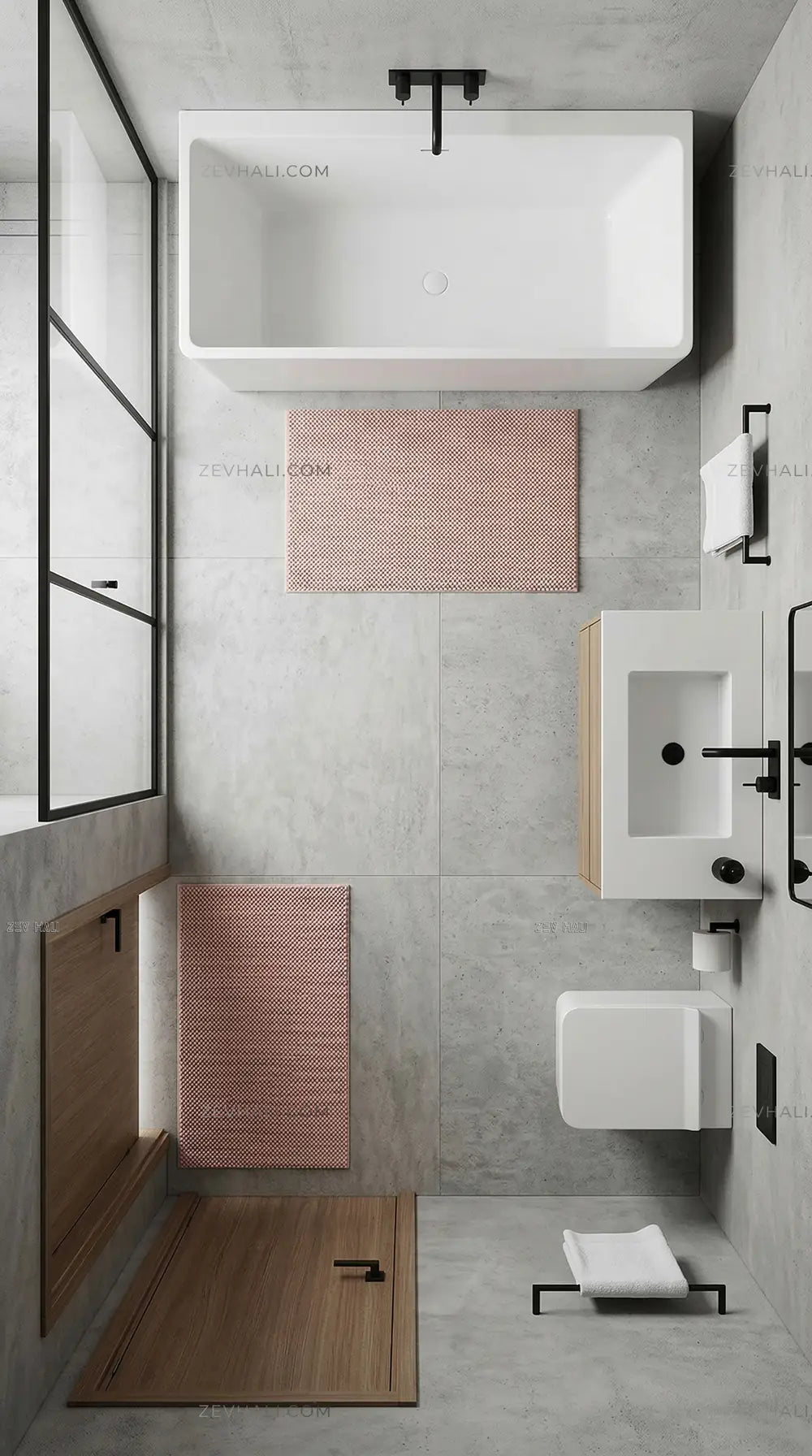 Zev Halı Kuak Pembe Yıkanabilir Kaymaz Banyo Yolluk Halı KU07 Özel Ölçü | Banyo Halısı | Zev Halı