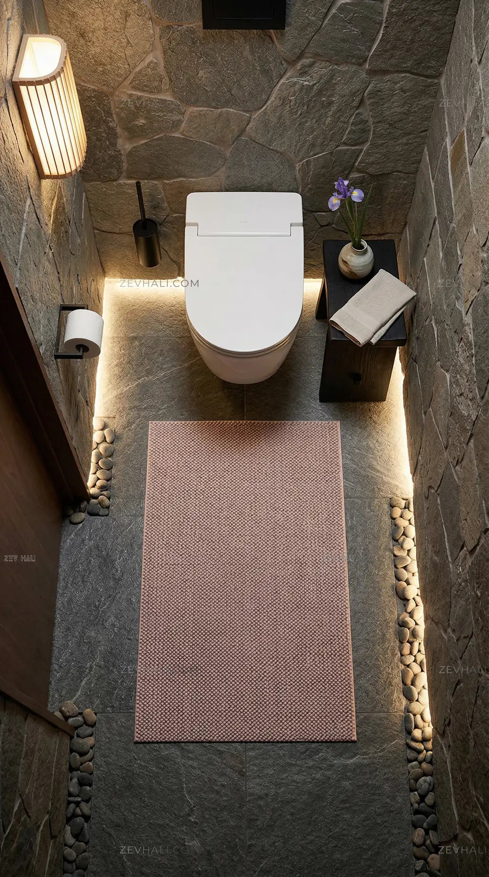 Zev Halı Kuak Pembe Yıkanabilir Kaymaz Banyo Yolluk Halı KU07 Özel Ölçü | Banyo Halısı | Zev Halı