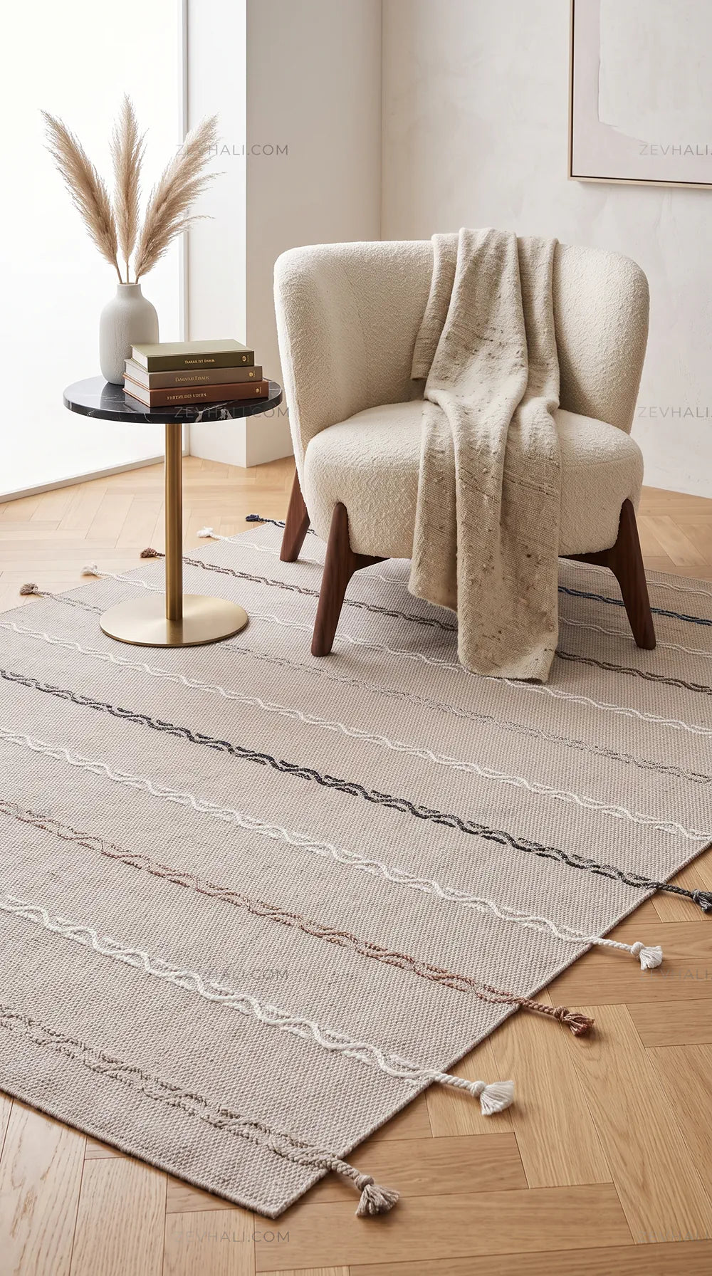 Zev Halı Vincents Colors Kum Beji Dalgalı Çizgili Püsküllü İnce Kilim VC07 160x200