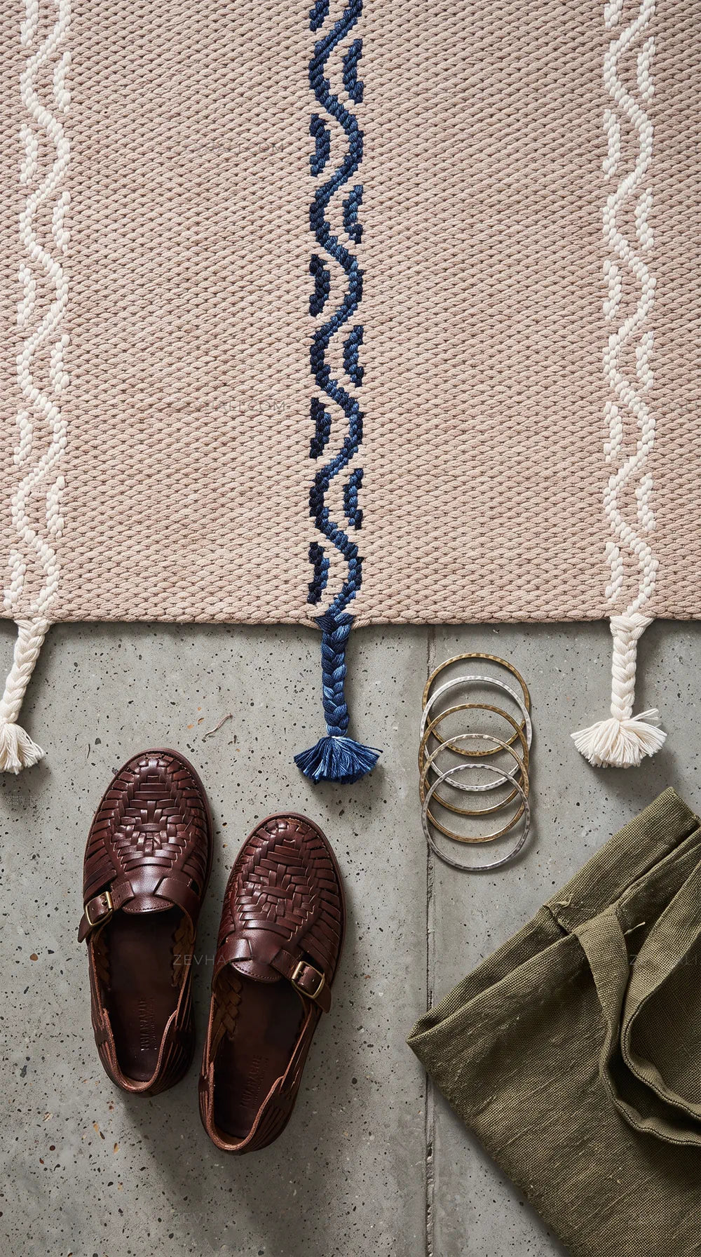 Zev Halı Vincents Colors Kum Beji Dalgalı Çizgili Püsküllü İnce Kilim VC07 160x200