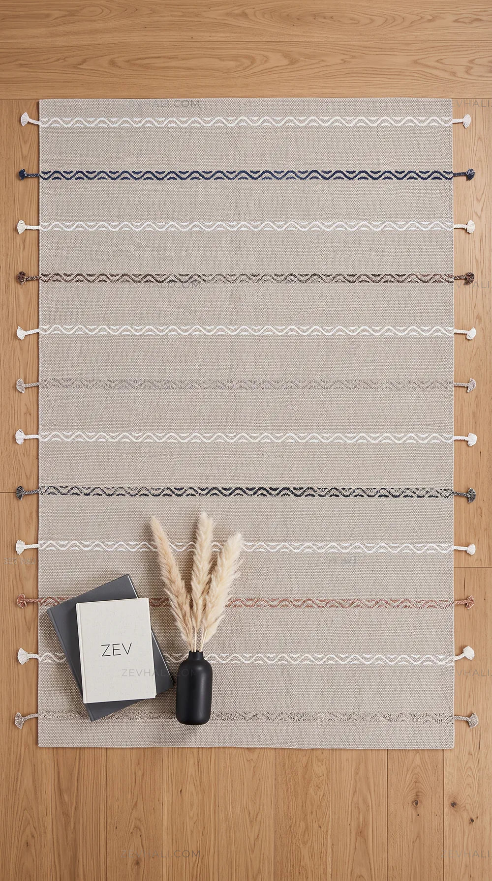 Zev Halı Vincents Colors Kum Beji Dalgalı Çizgili Püsküllü İnce Kilim VC07 160x200