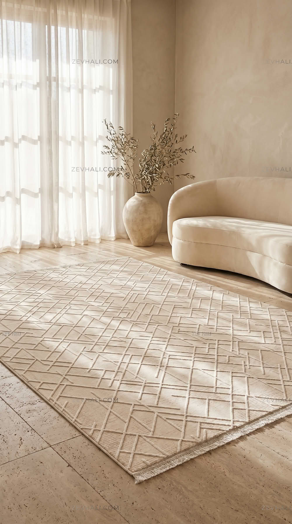 ZEV HALI NATURAL NT16 Krem Modern Geometrik Pamuk Taban Triko Akrilik Halı