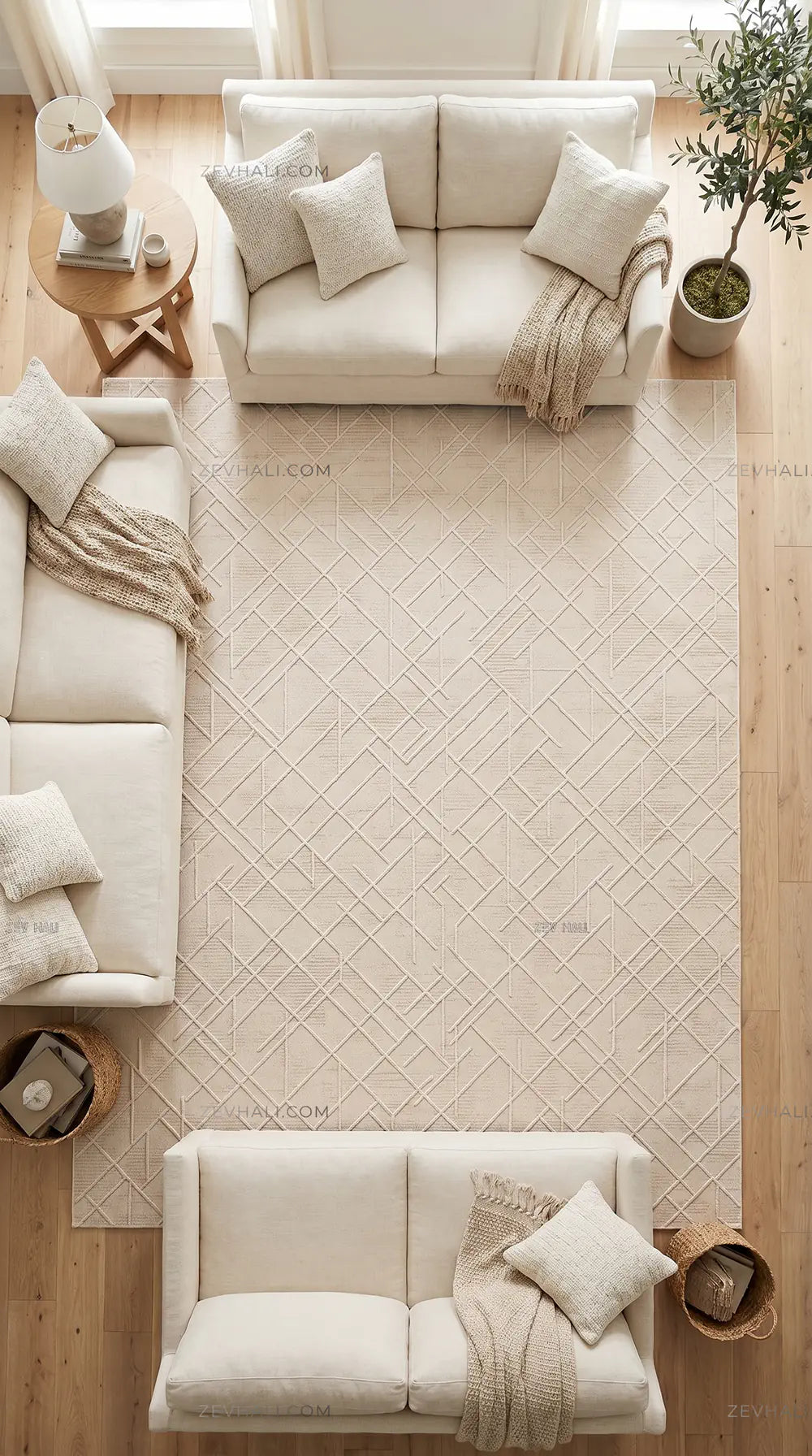 ZEV HALI NATURAL NT16 Krem Modern Geometrik Pamuk Taban Triko Akrilik Halı