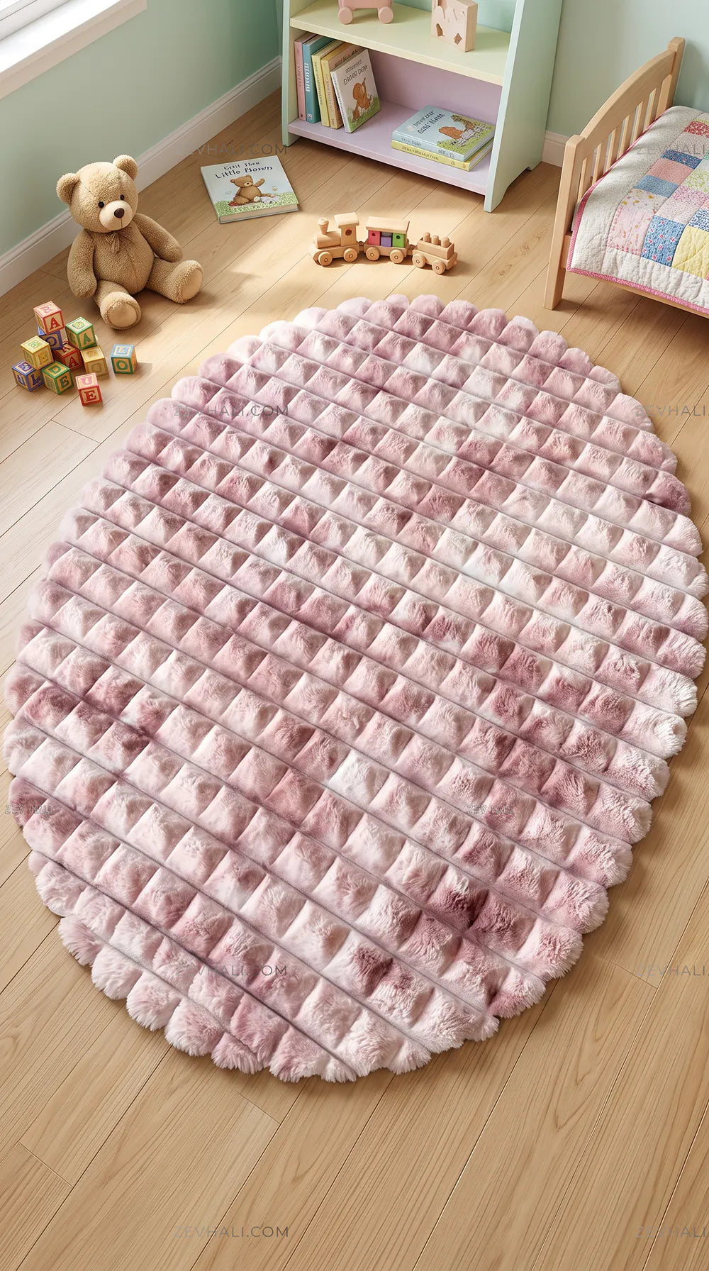 Zev Halı Nerm Batik Pudra Oval 3 Boyutlu Dokuma Kaymaz Tabanlı Peluş Halı NR22
