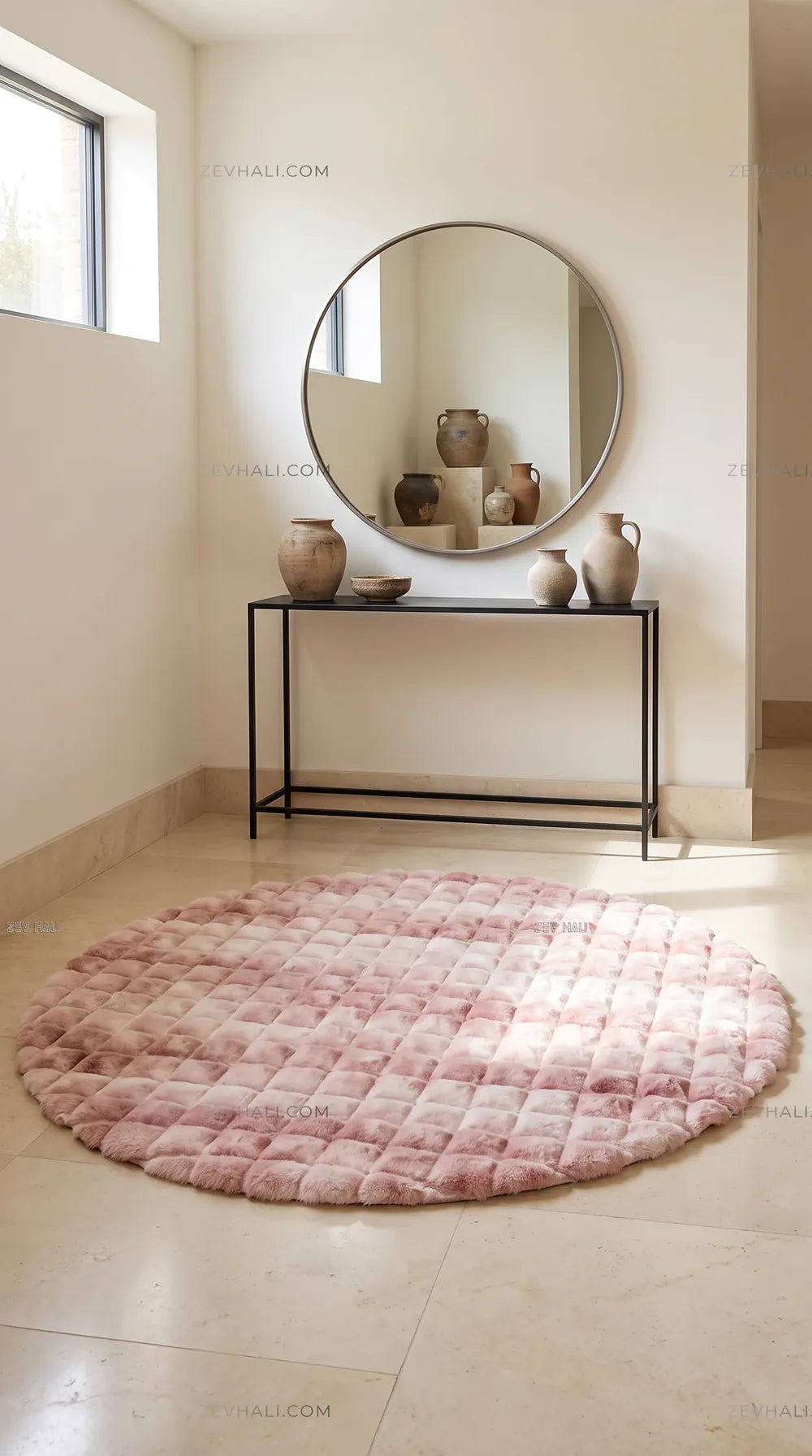 Zev Halı Nerm Batik Pudra Yuvarlak 3 Boyutlu Dokuma Tüy Dökmeyen Lüks Peluş Halı NR14