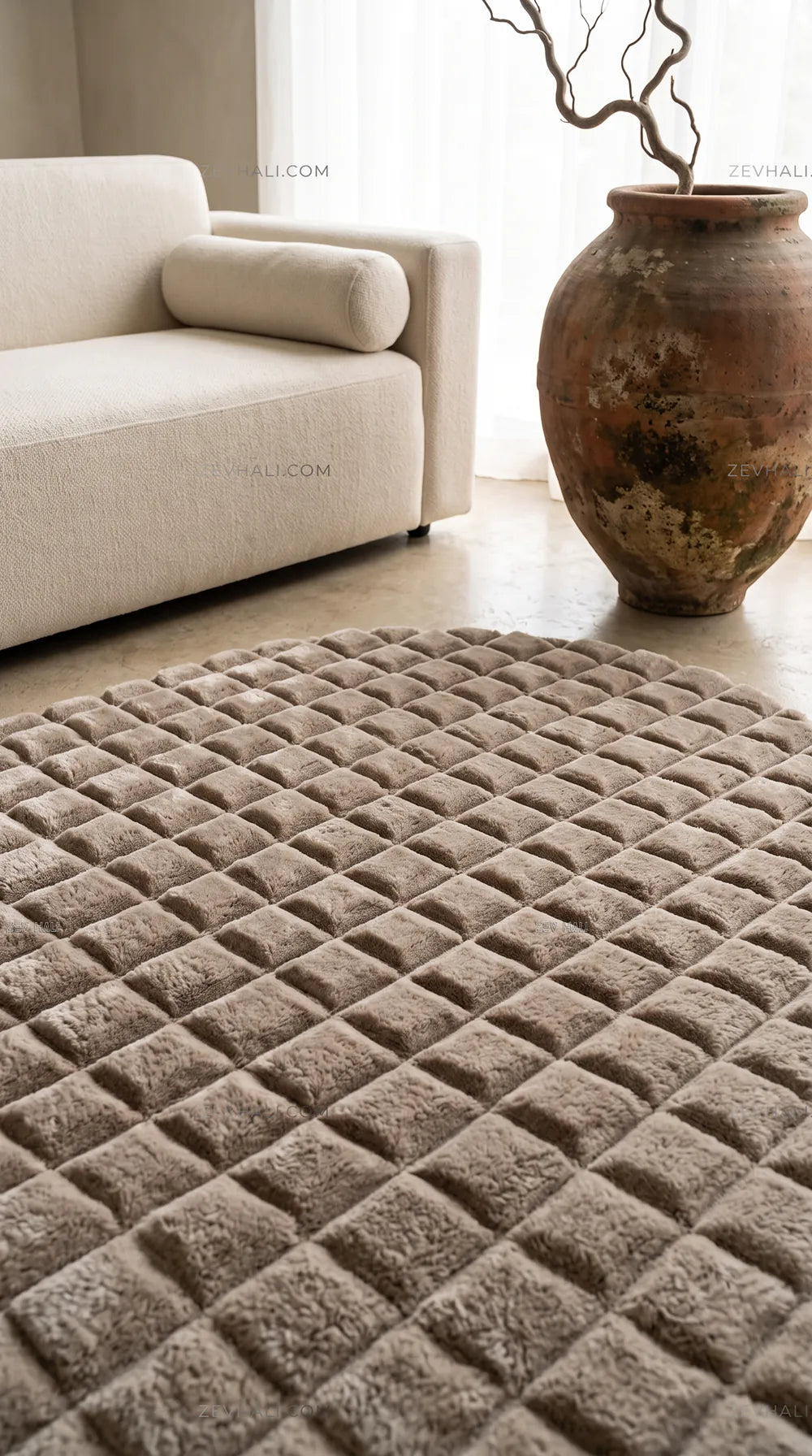 Zev Halı Nerm Bej Oval 3 Boyutlu Dokuma Makinede Yıkanabilir Modern Peluş Halı NR18
