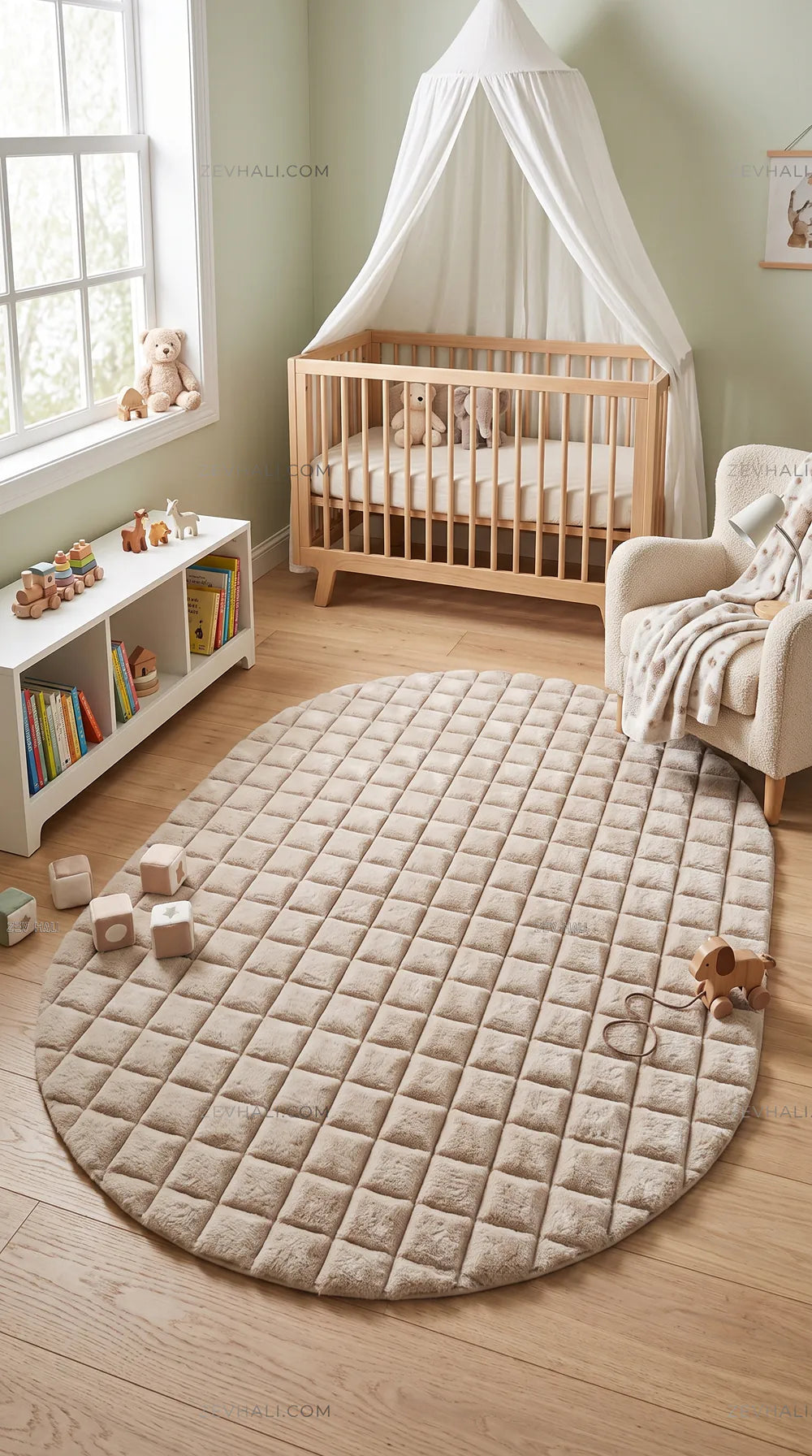 Zev Halı Nerm Bej Oval 3 Boyutlu Dokuma Makinede Yıkanabilir Modern Peluş Halı NR18