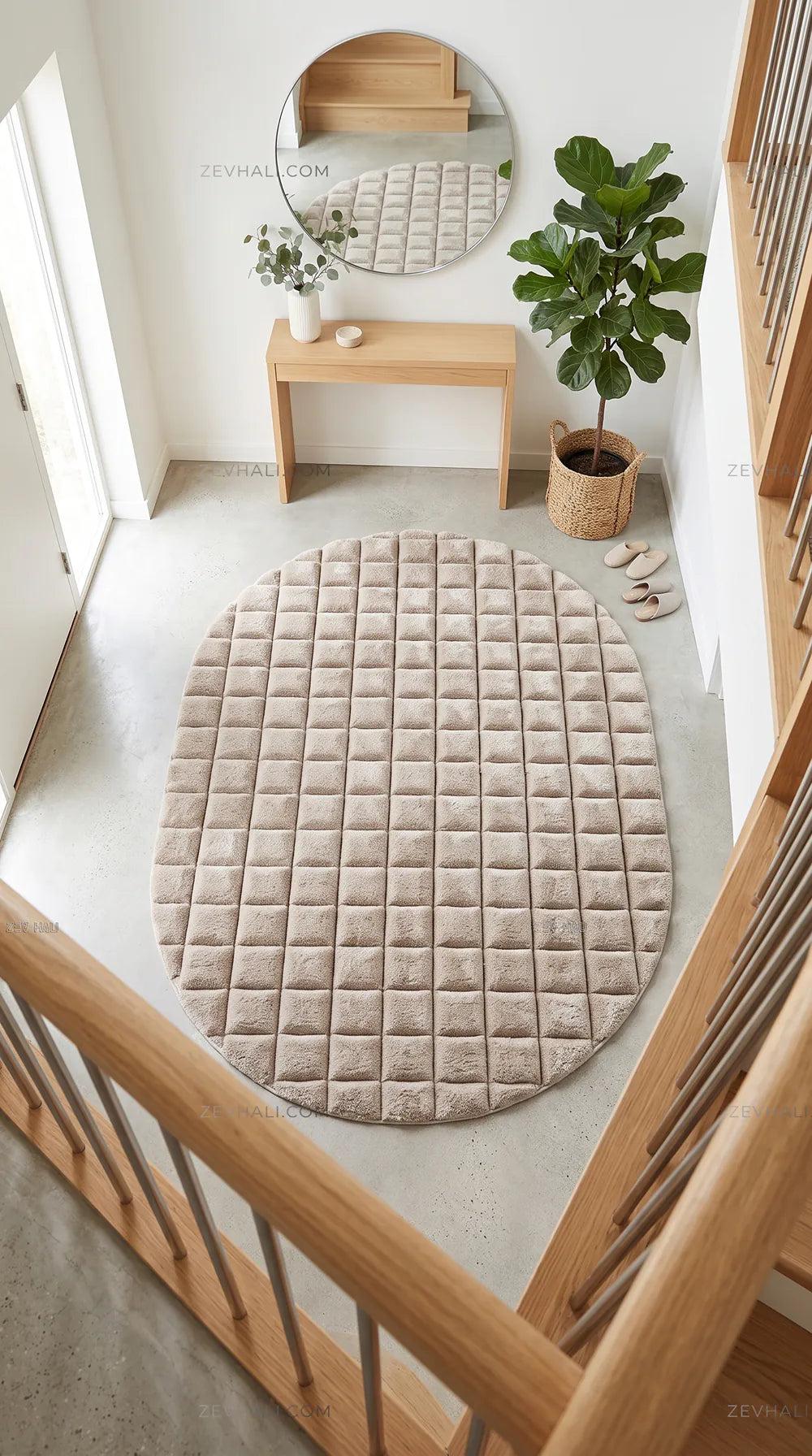 Zev Halı Nerm Bej Oval 3 Boyutlu Dokuma Makinede Yıkanabilir Modern Peluş Halı NR18