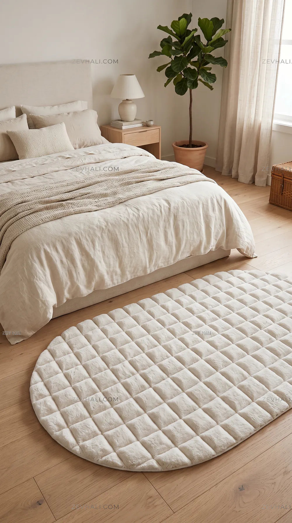 Zev Halı Nerm Krem Oval 3 Boyutlu Makinede Yıkanabilir Kaymaz Tabanlı Lüks Peluş Halı NR17