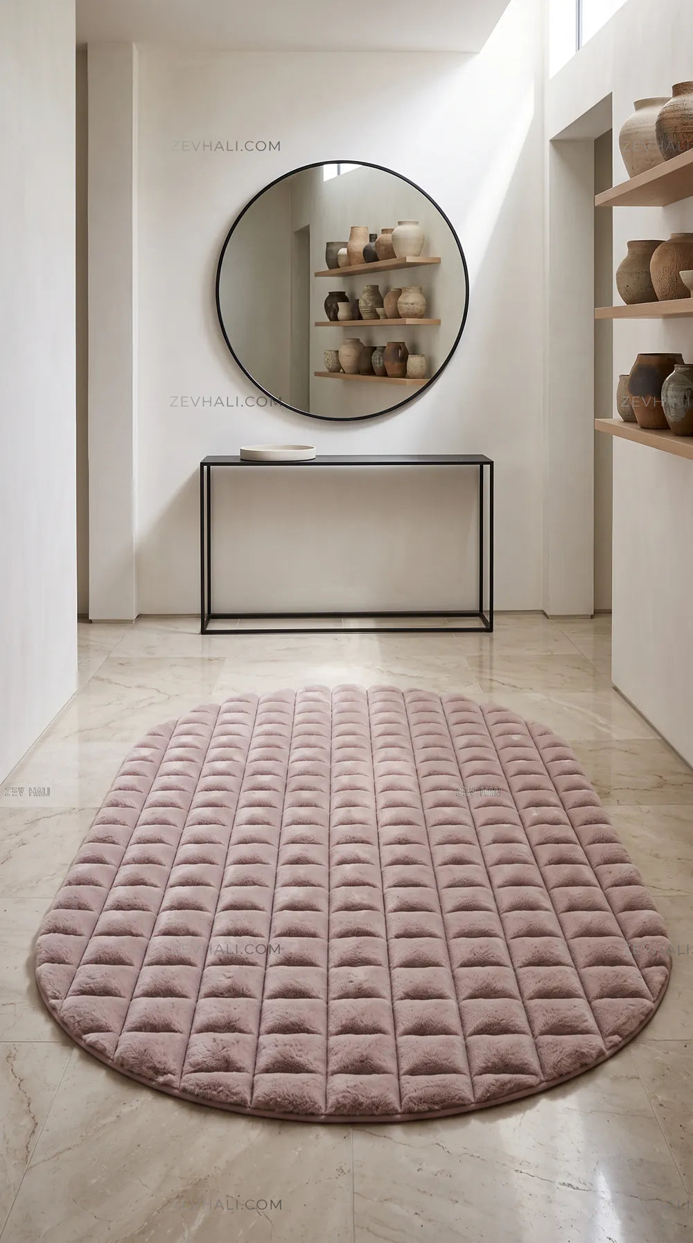 Zev Halı Nerm Pudra Oval 3 Boyutlu Dokuma Kaymaz Tabanlı Yıkanabilir Peluş Halı NR19