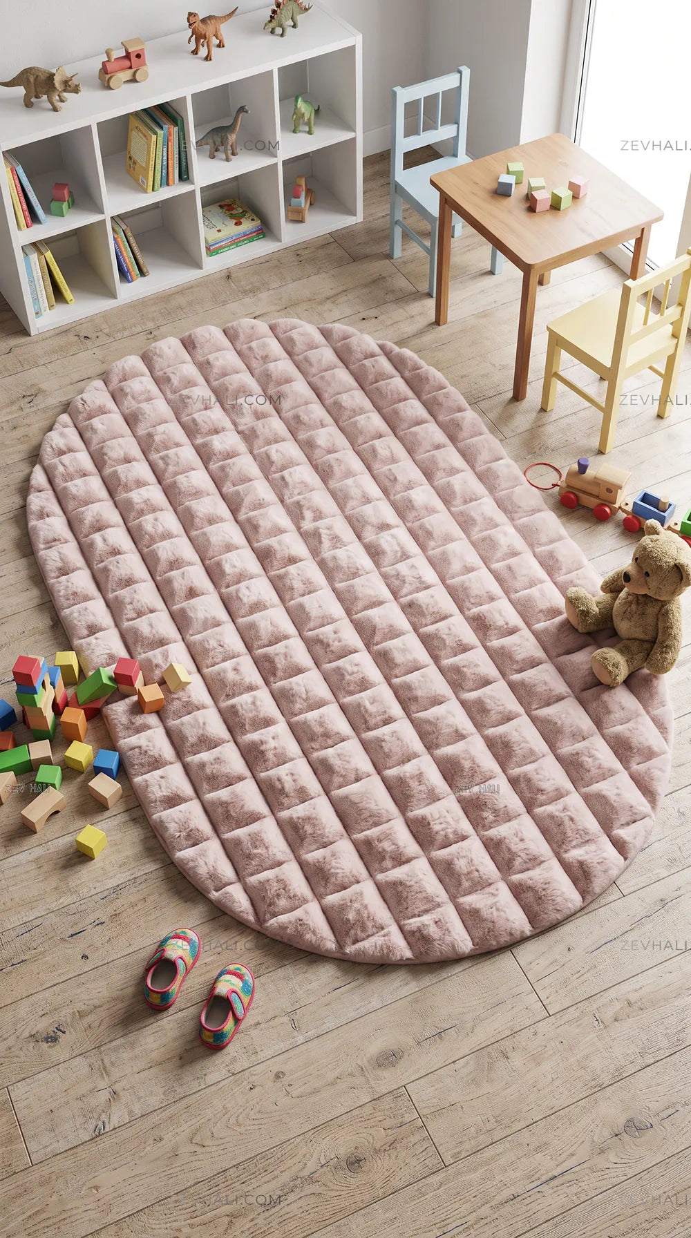 Zev Halı Nerm Pudra Oval 3 Boyutlu Dokuma Kaymaz Tabanlı Yıkanabilir Peluş Halı NR19