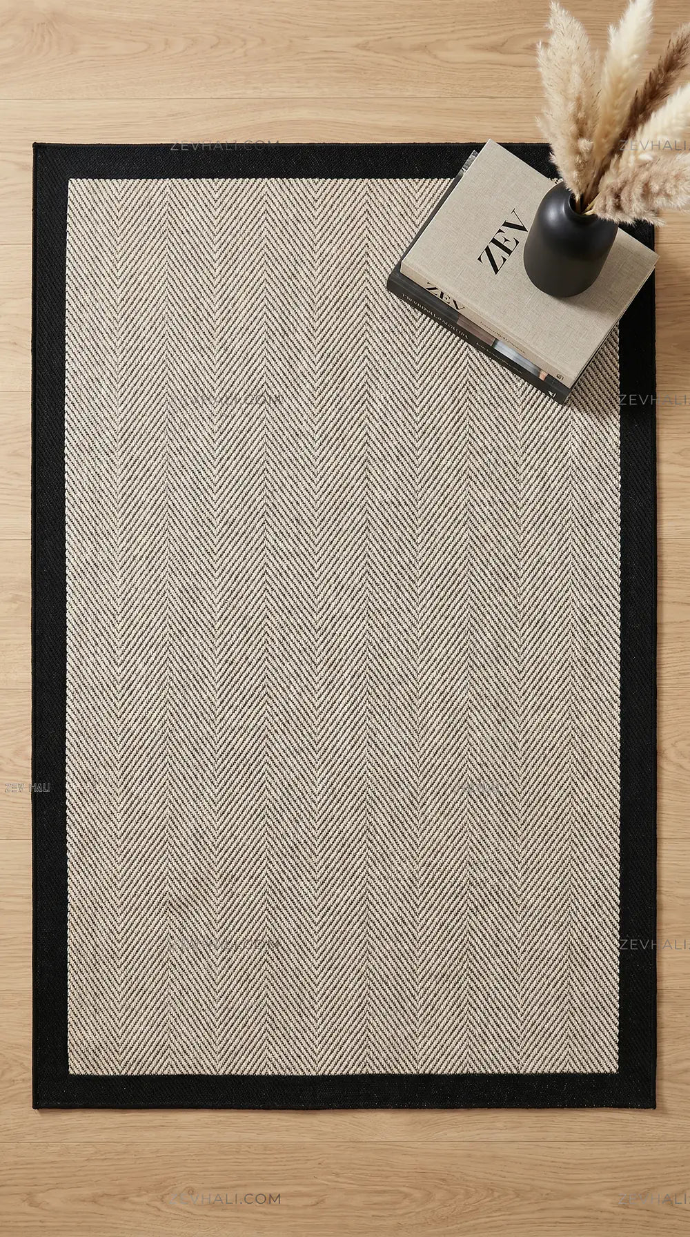 Zev Halı Sisal Plus Bej Siyah Balıksırtı Çerçeveli Makinede Yıkanabilir Salon Halısı ZS08 | Sisal Halı | Zev Halı