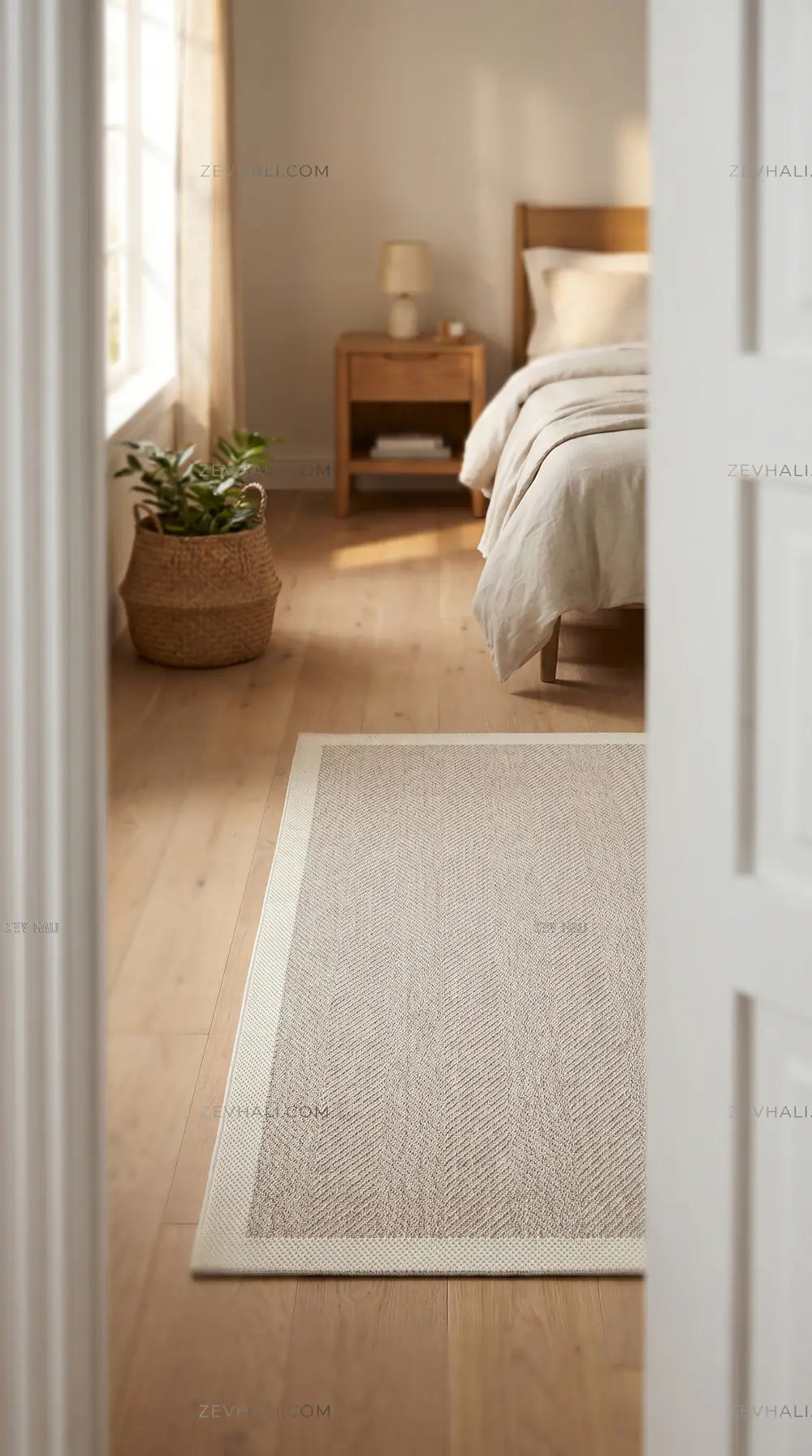 Zev Halı Sisal Plus Bej Krem Balıksırtı Çerçeveli Makinede Yıkanabilir Salon Mutfak Halısı ZS09 | Sisal Halı | Zev Halı