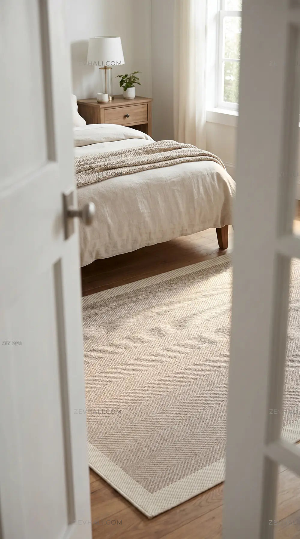 Zev Halı Sisal Plus Bej Krem Balıksırtı Çerçeveli Makinede Yıkanabilir Salon Mutfak Halısı ZS09 | Sisal Halı | Zev Halı