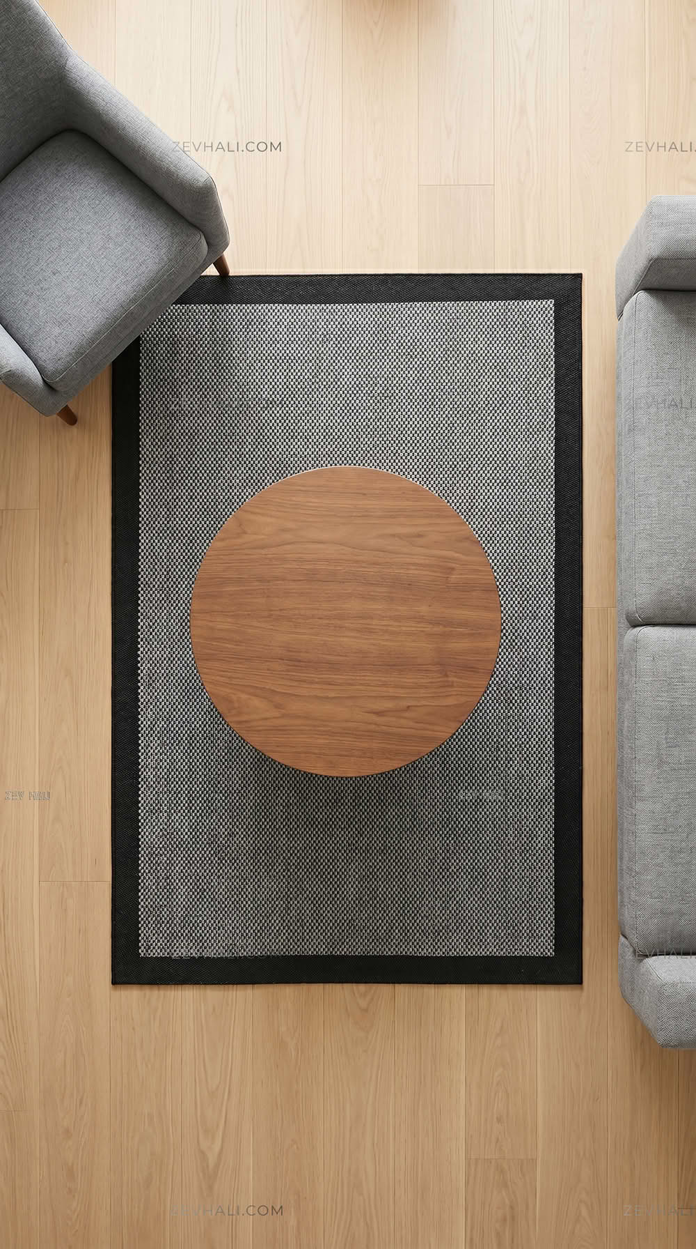 Zev Halı Sisal Plus Gri Siyah Çerçeveli Makinede Yıkanabilir Salon Mutfak Balkon Halısı ZS10 | Sisal Halı | Zev Halı