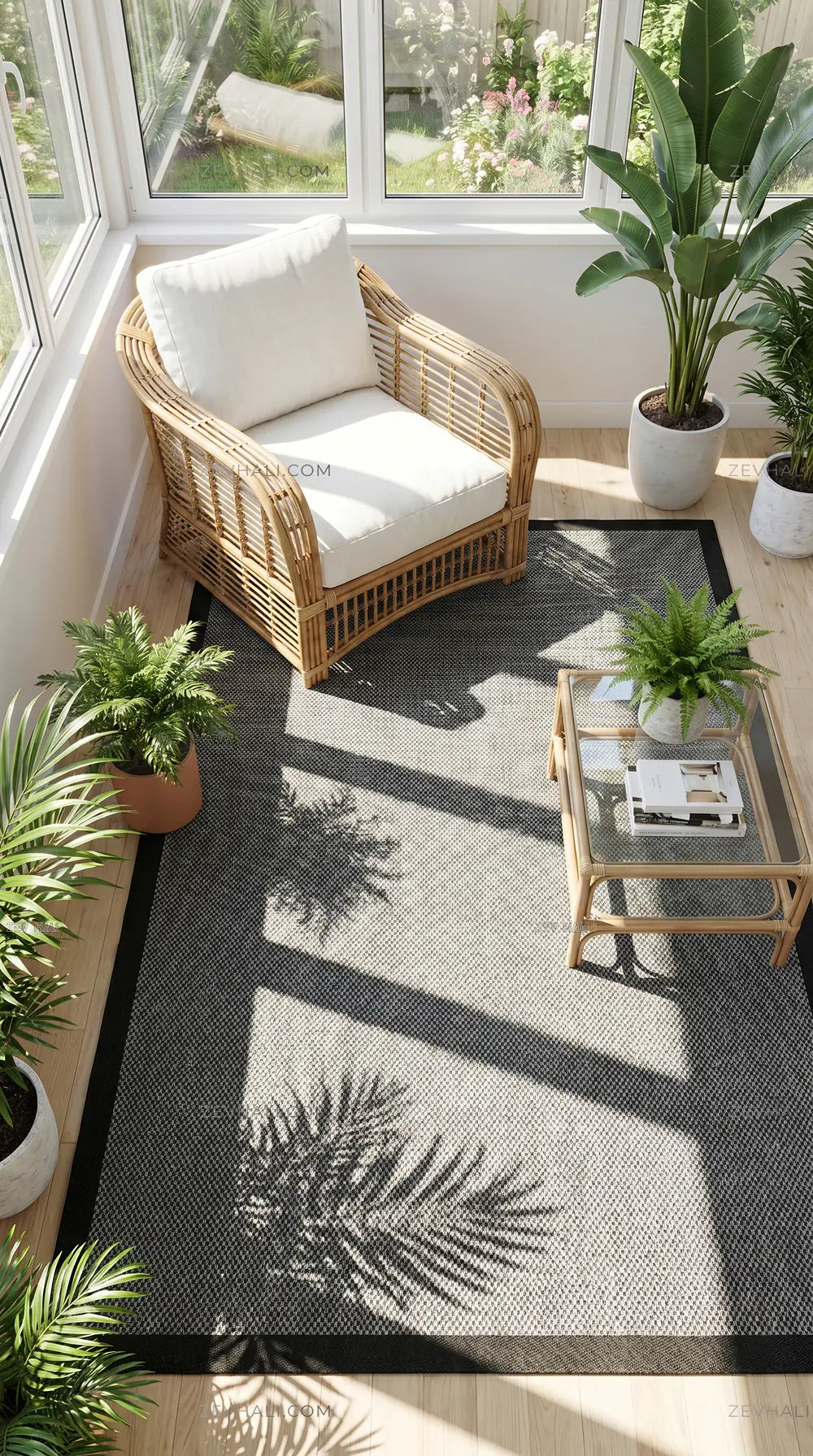 Zev Halı Sisal Plus Gri Siyah Çerçeveli Makinede Yıkanabilir Salon Mutfak Balkon Halısı ZS10 | Sisal Halı | Zev Halı