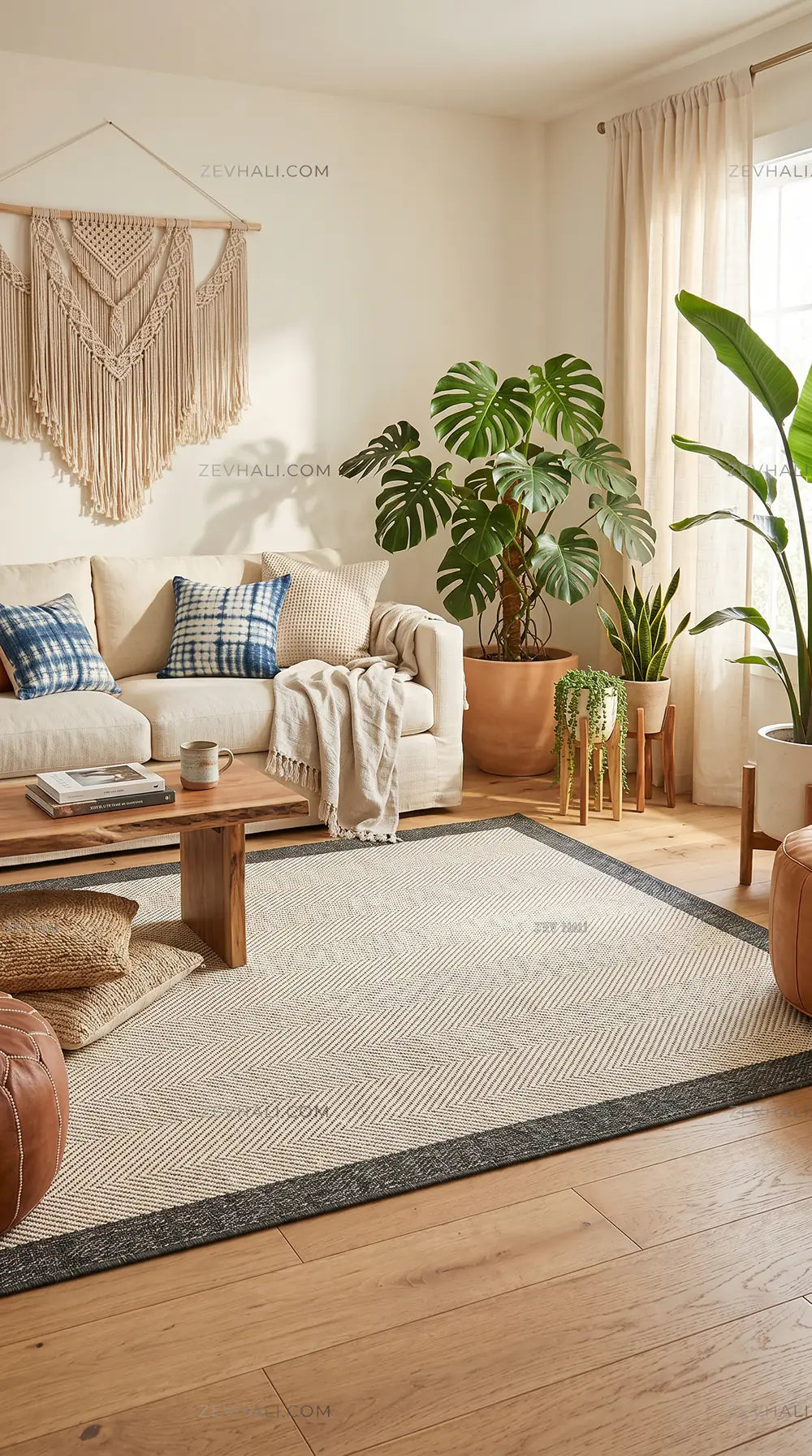Zev Halı Sisal Plus Krem Gri Çerçeveli Makinede Yıkanabilir Salon Yatak Odası Mutfak Halısı ZS12