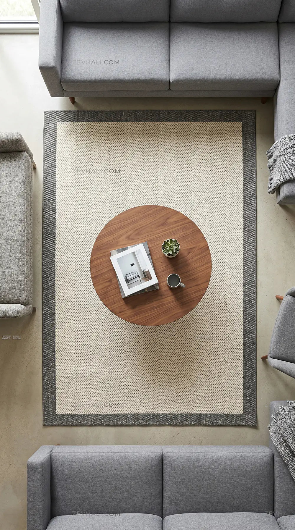 Zev Halı Sisal Plus Krem Gri Çerçeveli Makinede Yıkanabilir Salon Yatak Odası Mutfak Halısı ZS12