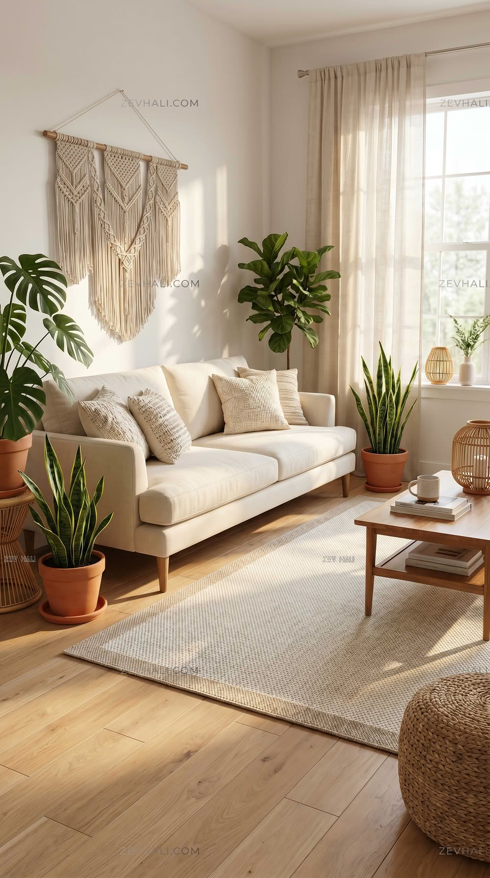 Zev Halı Sisal Plus Krem Bej Mikro Dokulu Çerçeveli Yıkanabilir Salon Mutfak Balkon Halısı ZS15 | Sisal Halı | Zev Halı