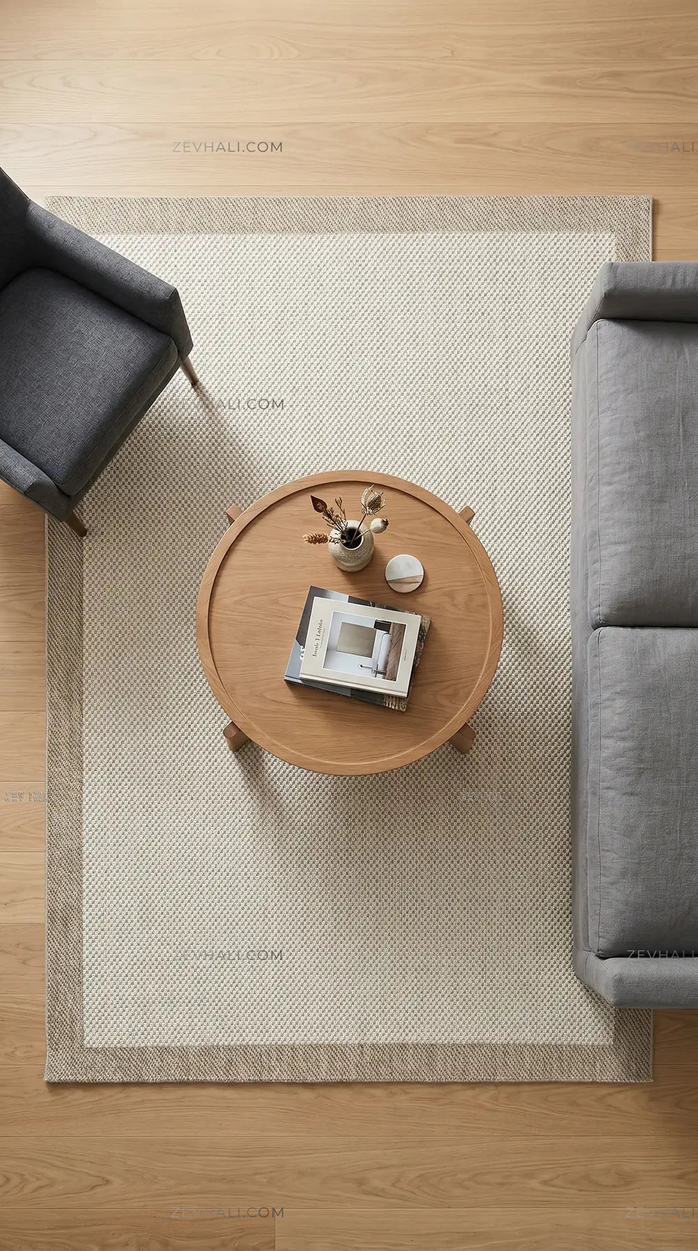 Zev Halı Sisal Plus Krem Bej Mikro Dokulu Çerçeveli Yıkanabilir Salon Mutfak Balkon Halısı ZS15 | Sisal Halı | Zev Halı