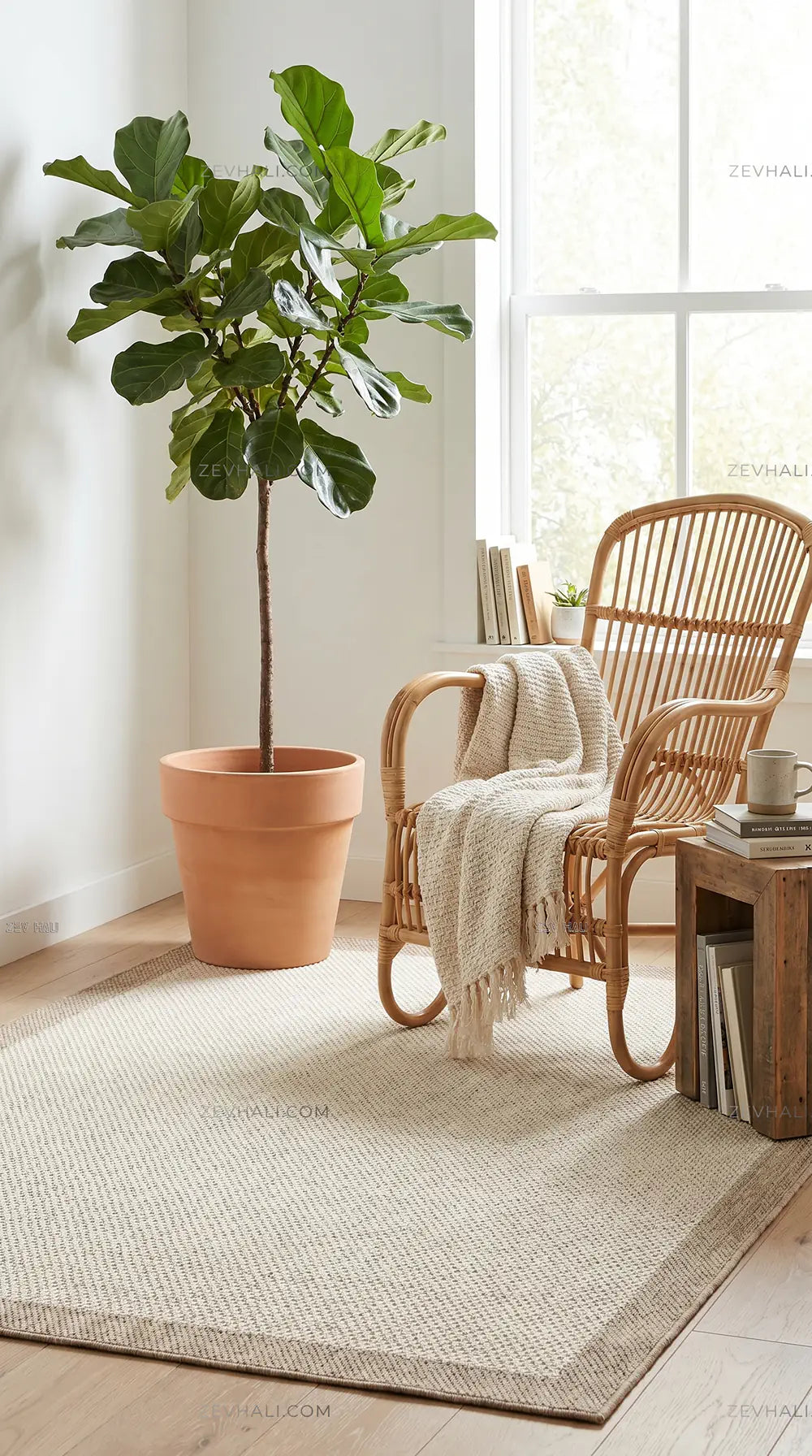 Zev Halı Sisal Plus Krem Bej Mikro Dokulu Çerçeveli Yıkanabilir Salon Mutfak Balkon Halısı ZS15 | Sisal Halı | Zev Halı
