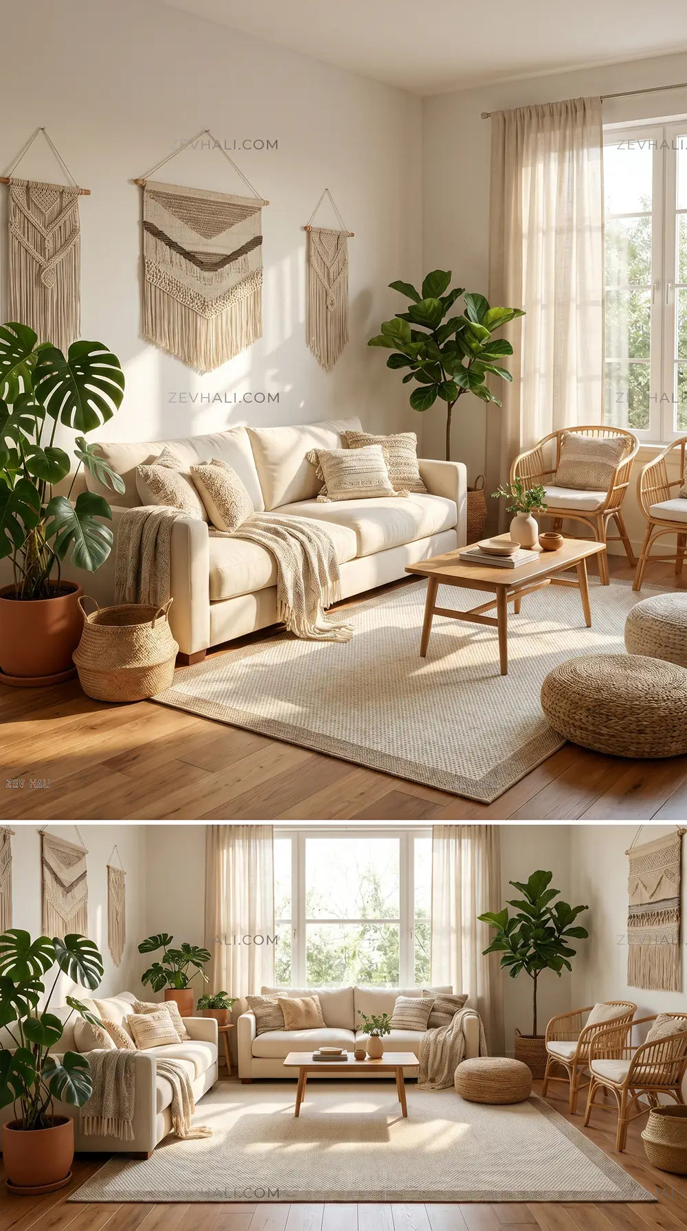 Zev Halı Sisal Plus Krem Bej Mikro Dokulu Çerçeveli Yıkanabilir Salon Mutfak Balkon Halısı ZS15 | Sisal Halı | Zev Halı
