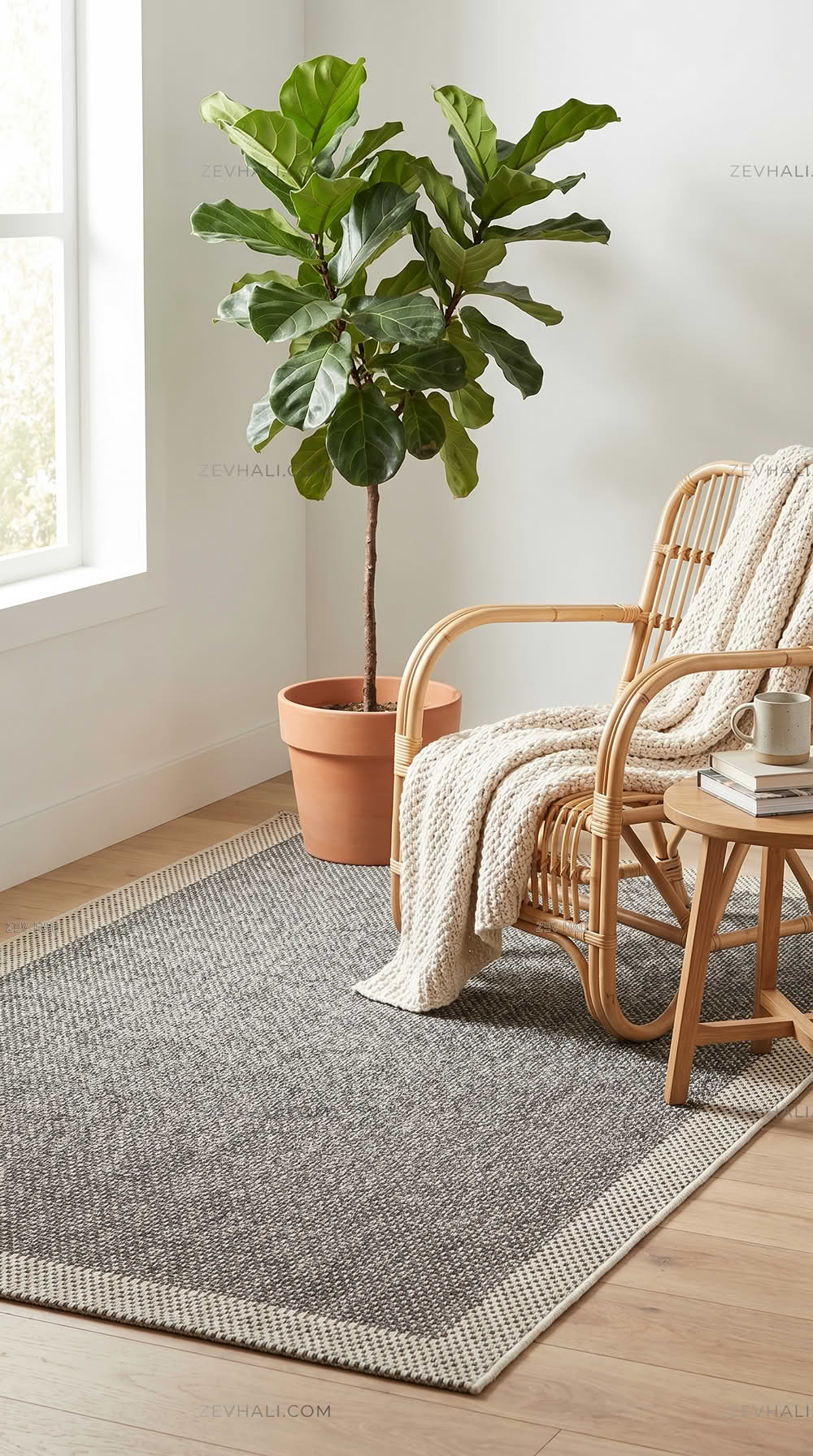 Zev Halı Sisal Plus Gri Krem Çerçeveli Yıkanabilir Salon Mutfak Koridor Balkon Halısı ZS16 | Sisal Halı | Zev Halı