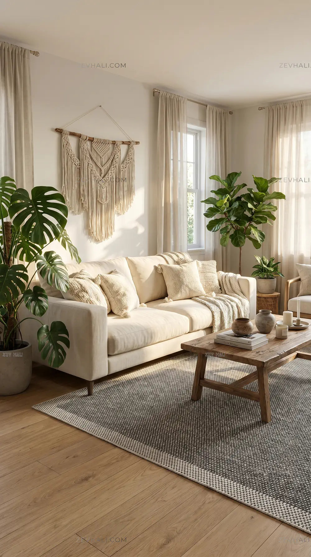 Zev Halı Sisal Plus Gri Krem Çerçeveli Yıkanabilir Salon Mutfak Koridor Balkon Halısı ZS16 | Sisal Halı | Zev Halı