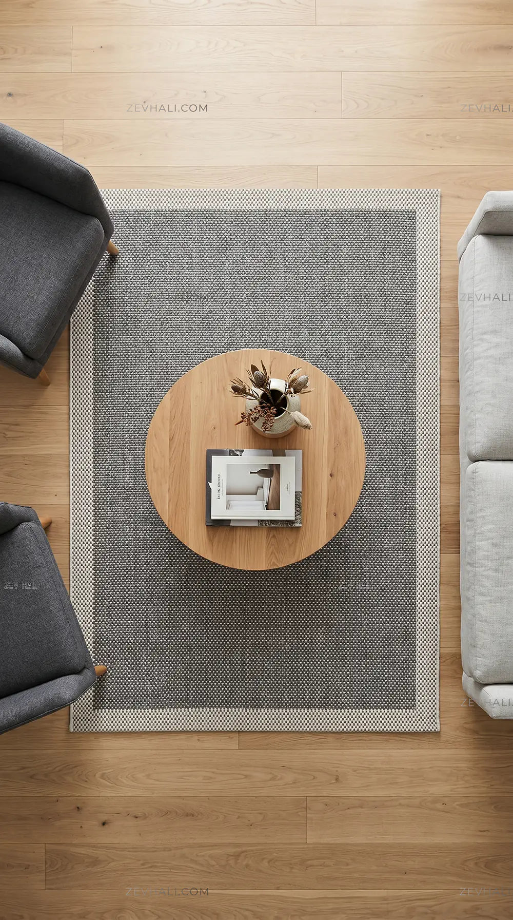 Zev Halı Sisal Plus Gri Krem Çerçeveli Yıkanabilir Salon Mutfak Koridor Balkon Halısı ZS16 | Sisal Halı | Zev Halı