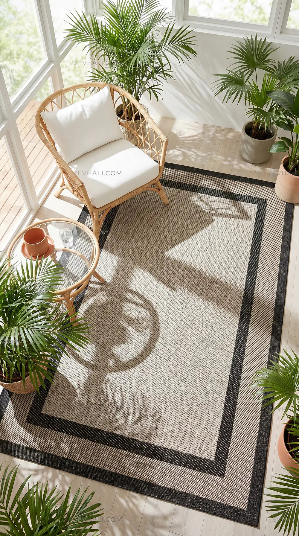Zev Halı Sisal Plus Bej Siyah Çift Çerçeveli Yıkanabilir Salon Balkon Mutfak Koridor Halısı ZS17 | Sisal Halı | Zev Halı